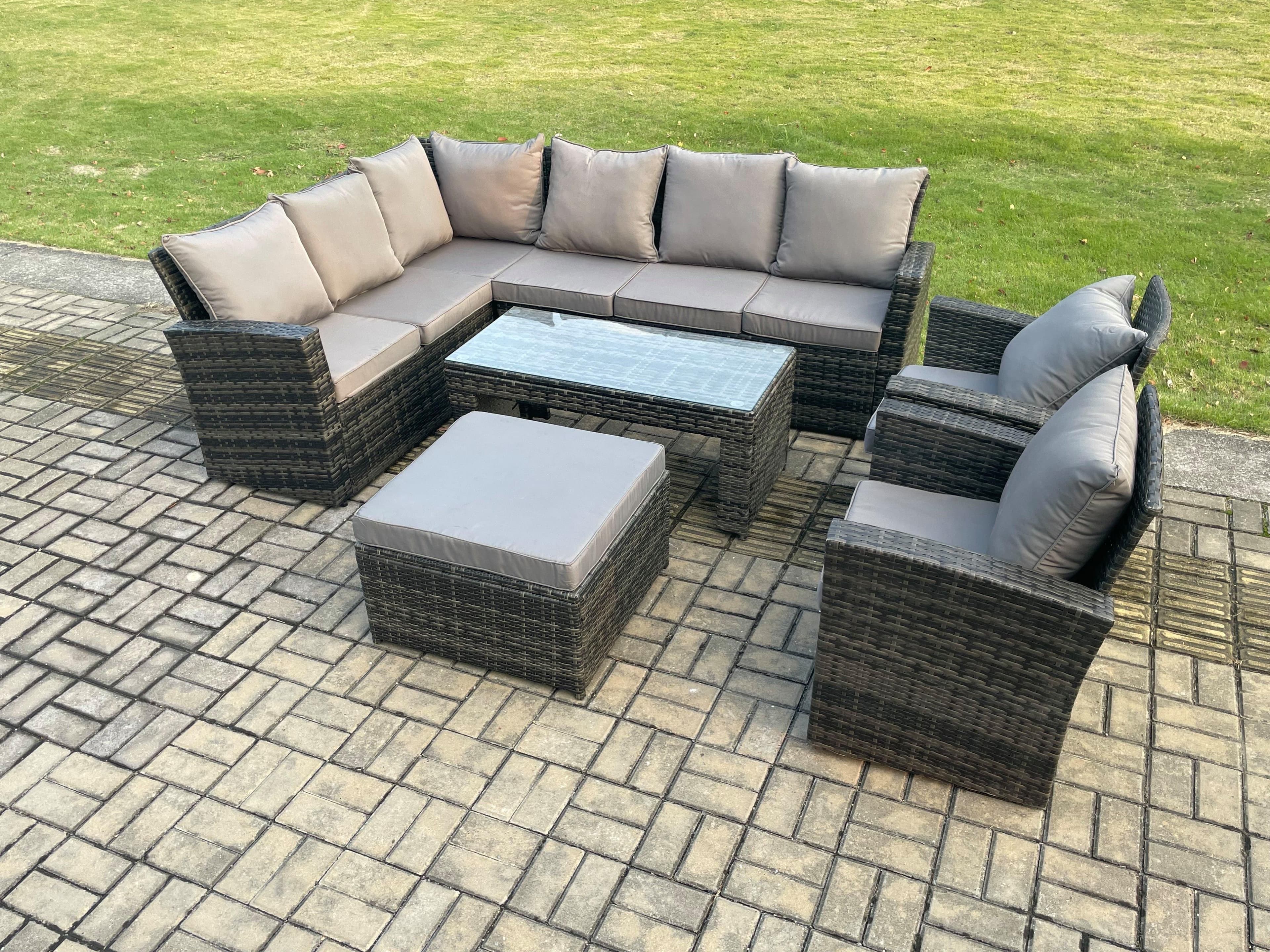 Outdoor Furniture Garden Dining Set Rattan Corner Sofa Set 2 Armchairs Big Footstool Dark Grey Mixed