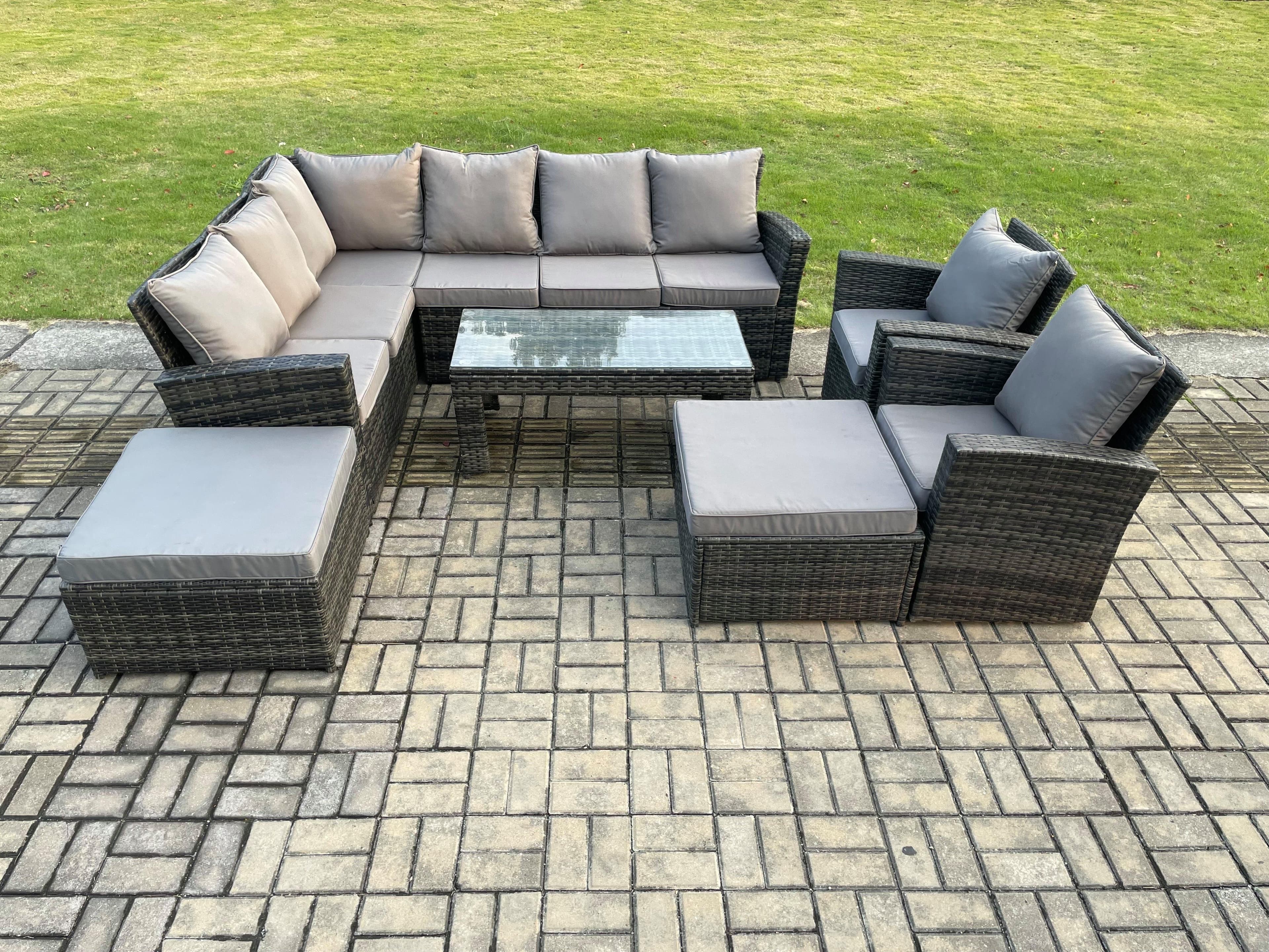 Outdoor Furniture Garden Dining Set Rattan Corner Sofa Set 2 Armchairs 2 Big Footstool Dark Grey Mixed