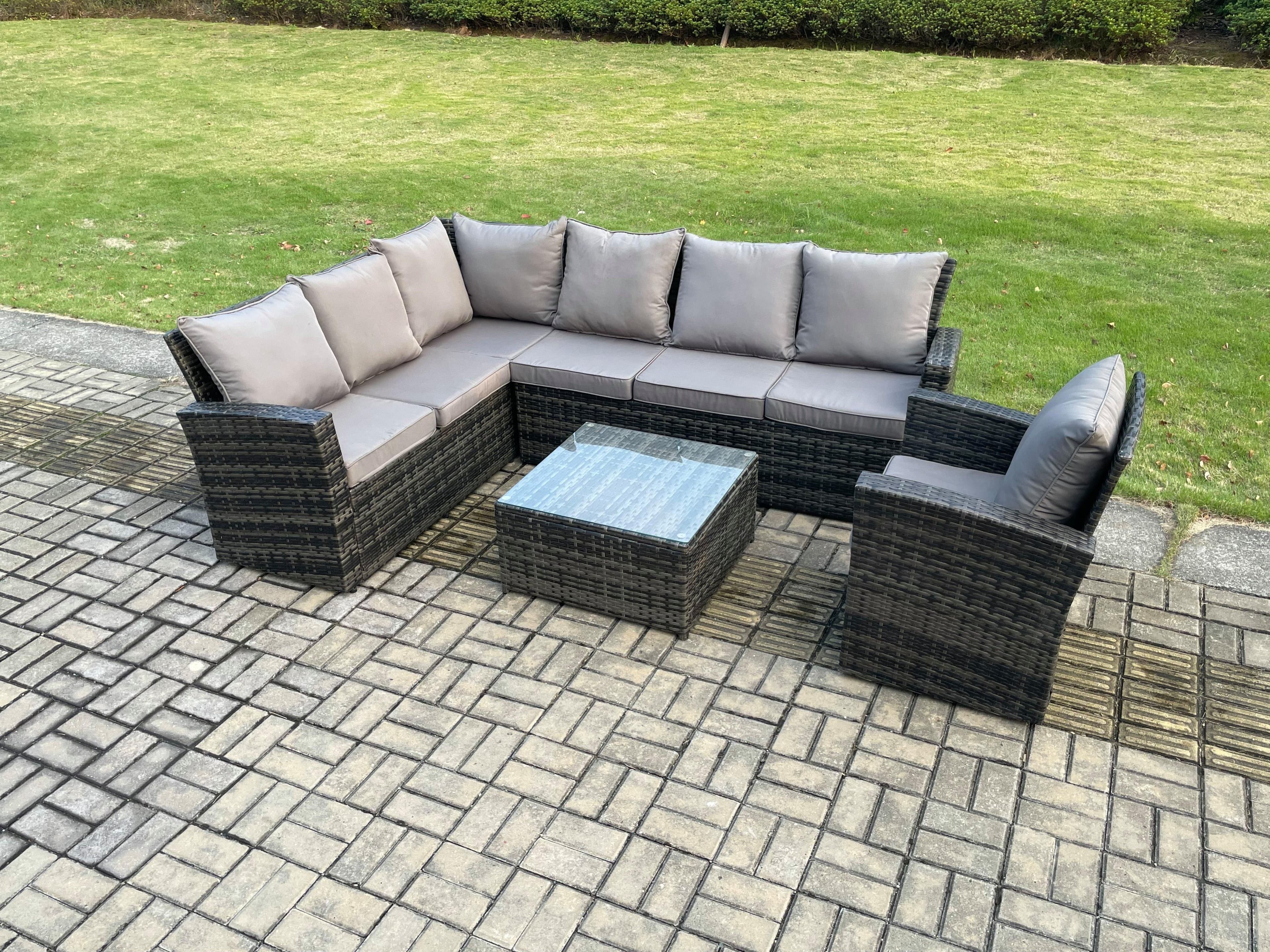 7 Seater Outdoor Furniture Garden Dining Set Rattan Corner Sofa Set Square Coffee Table Armchair Dark Grey Mixed