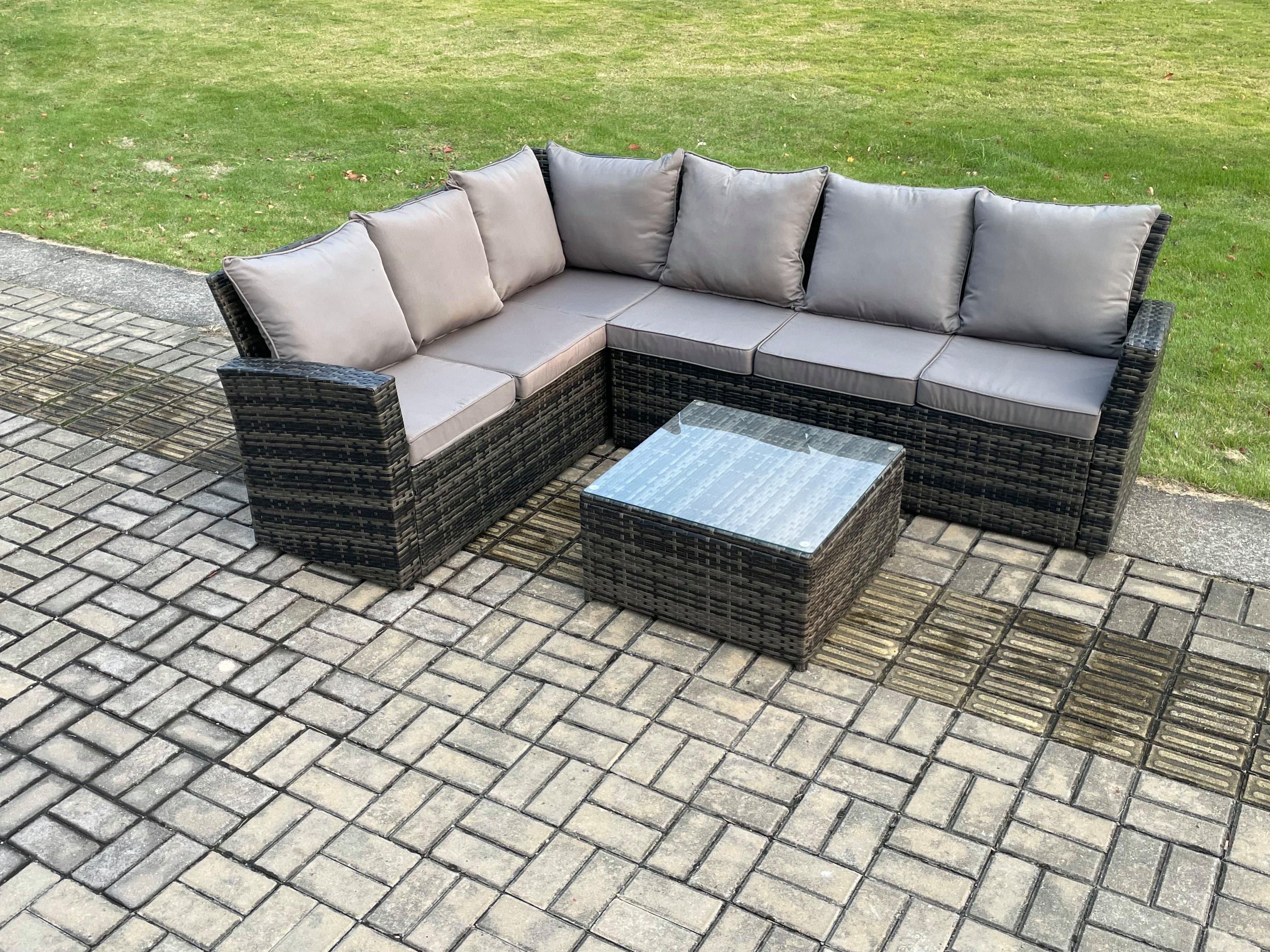 6 Seater Outdoor Furniture Garden Dining Set Rattan Corner Sofa Set Square Coffee Table Dark Grey Mixed