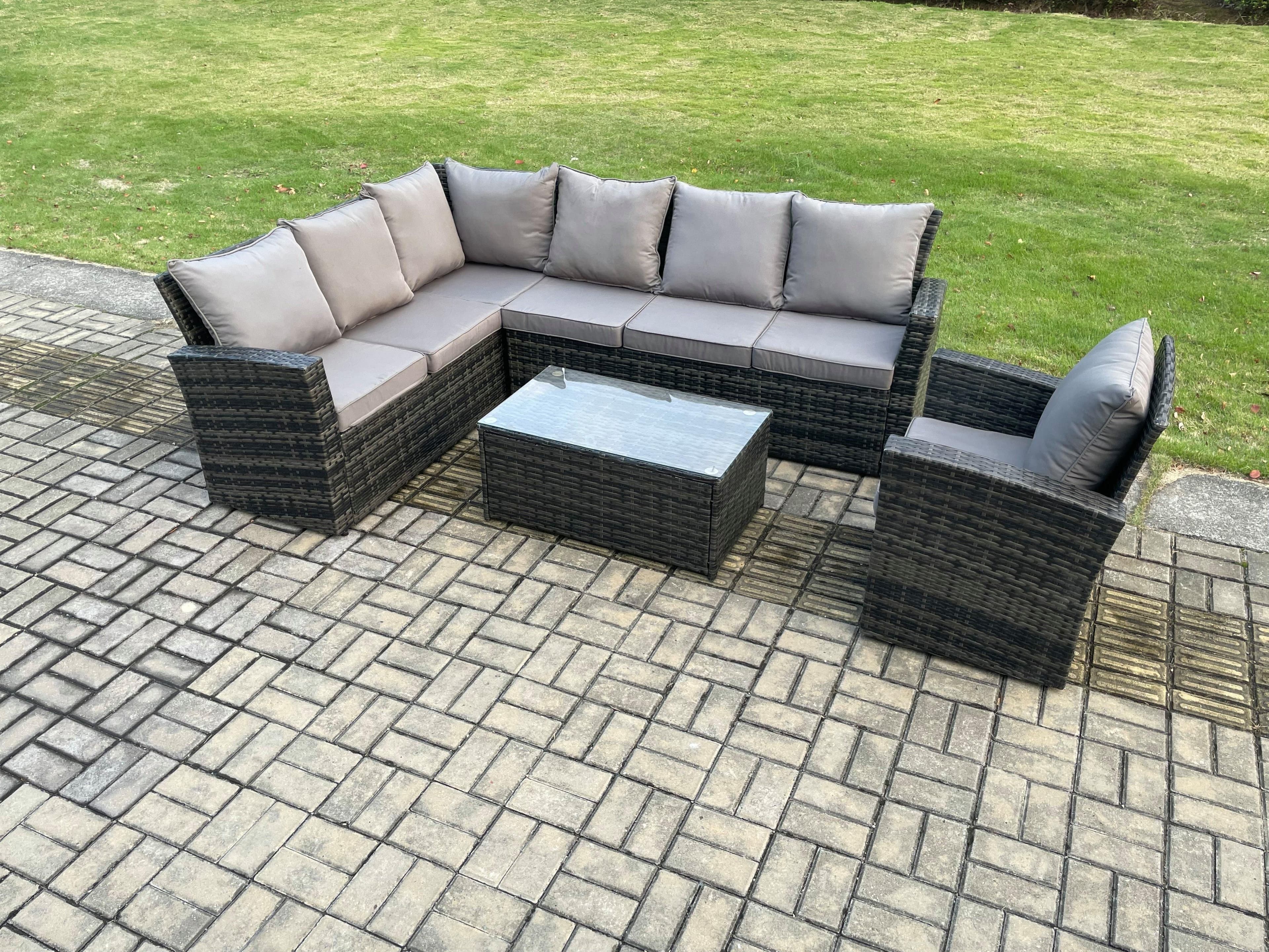 7 Seater Rattan Garden Furniture Corner Sofa Set Outdoor Patio Sofa Chair Table Set Rectangular Coffee Table