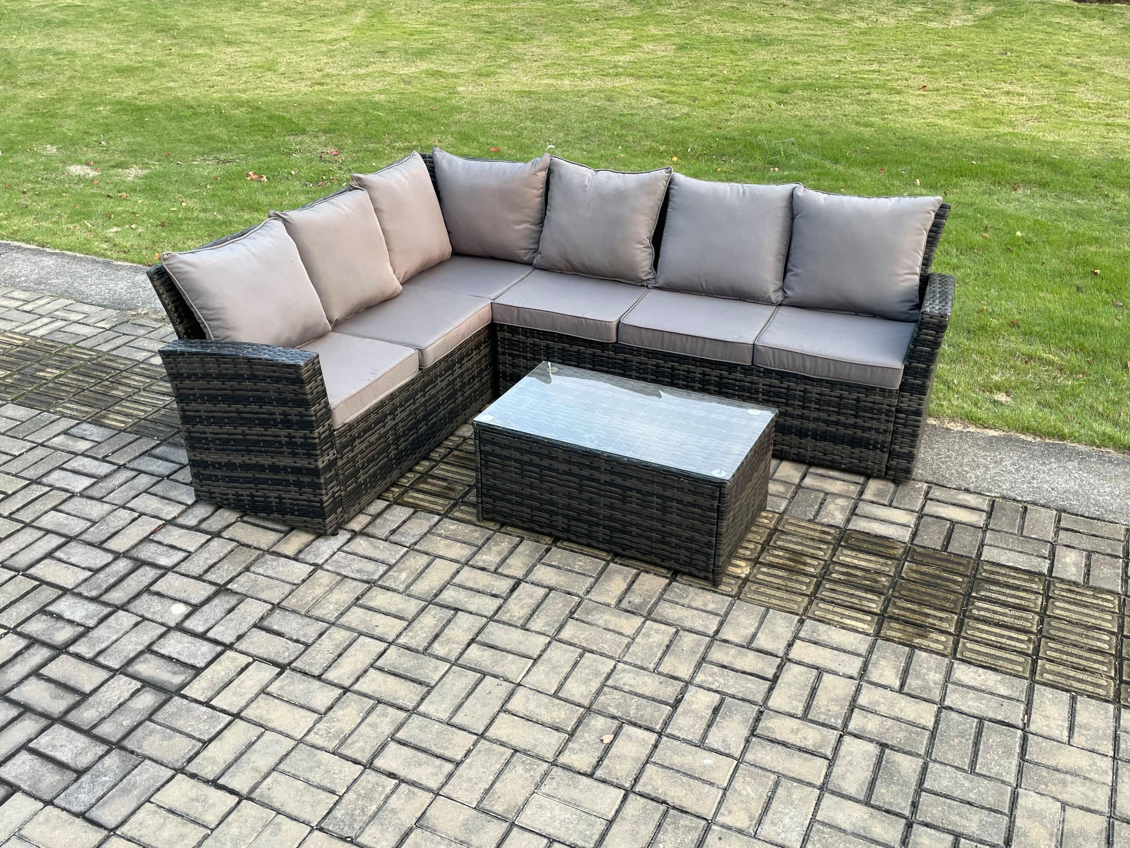 6 Seater High Back Rattan Garden Furniture Set Corner Sofa Rectangular Coffee Table