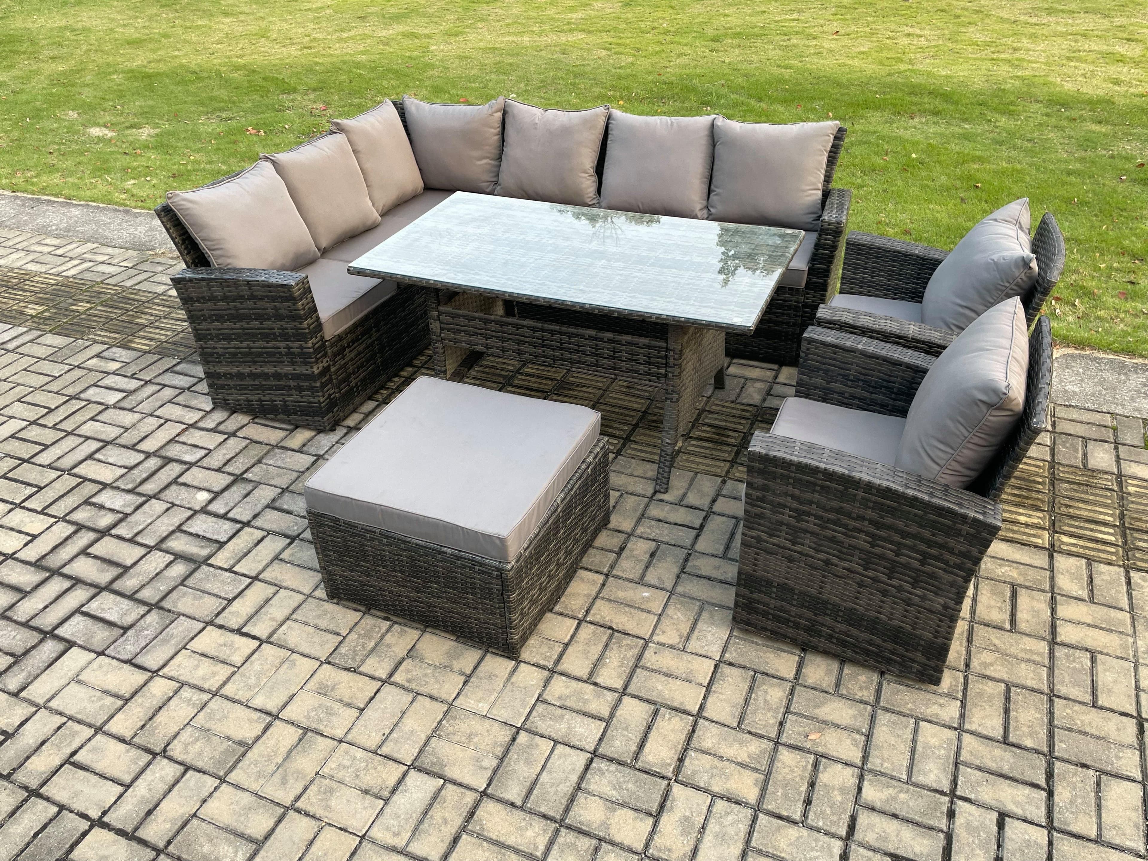 9 Seater High Back Rattan Garden Furniture Set Corner Sofa Rectangular Dining Table 2 Arm Chairs Big Footstool