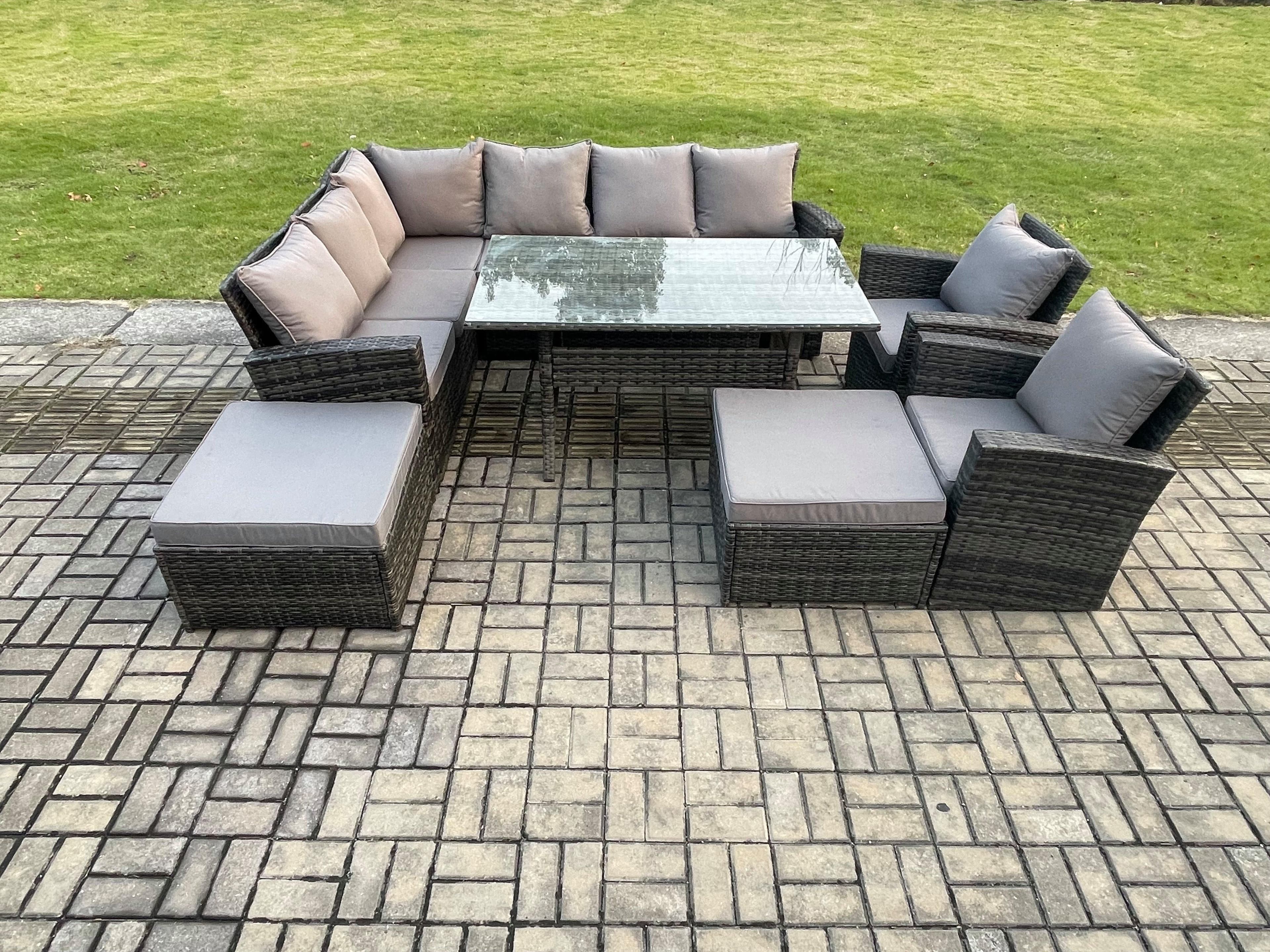 10 Seater High Back Rattan Garden Furniture Set Corner Sofa Rectangular Dining Table 2 Arm Chairs 2 Big Footstool