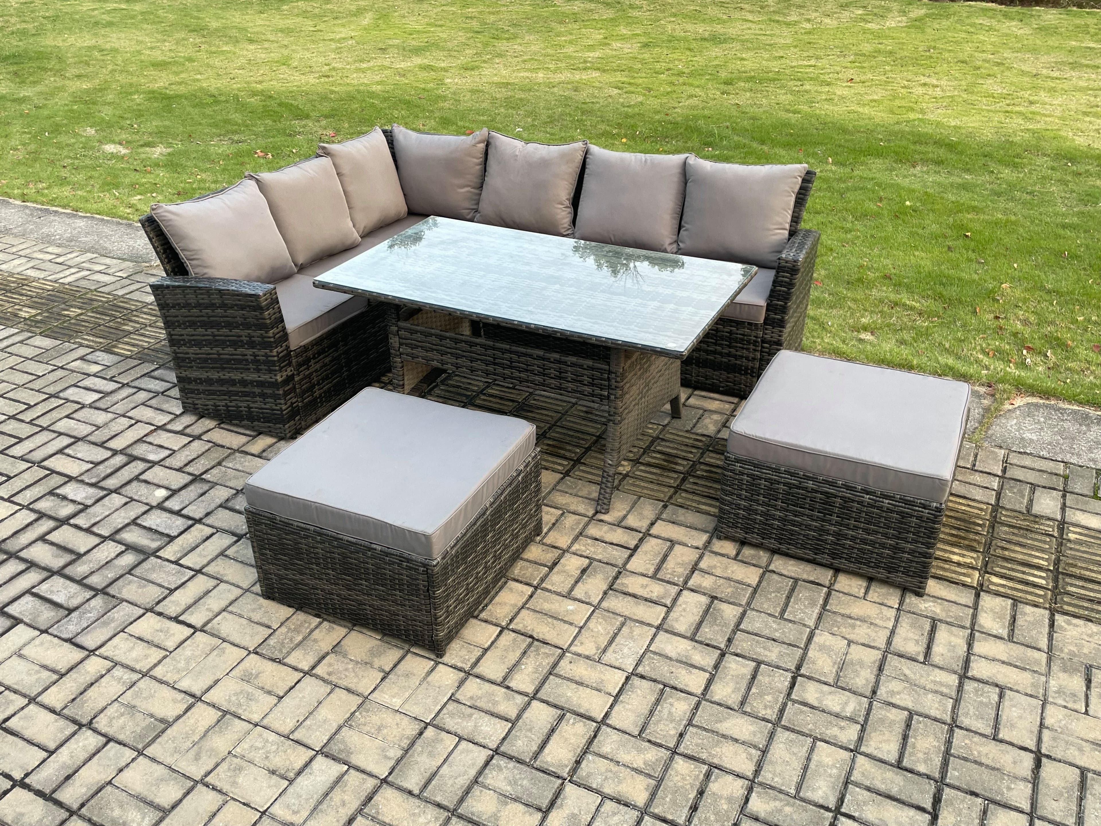 8 Seater High Back Rattan Garden Furniture Set Corner Sofa Rectangular Dining Table 2 Big Footstool Dark Grey Mixed