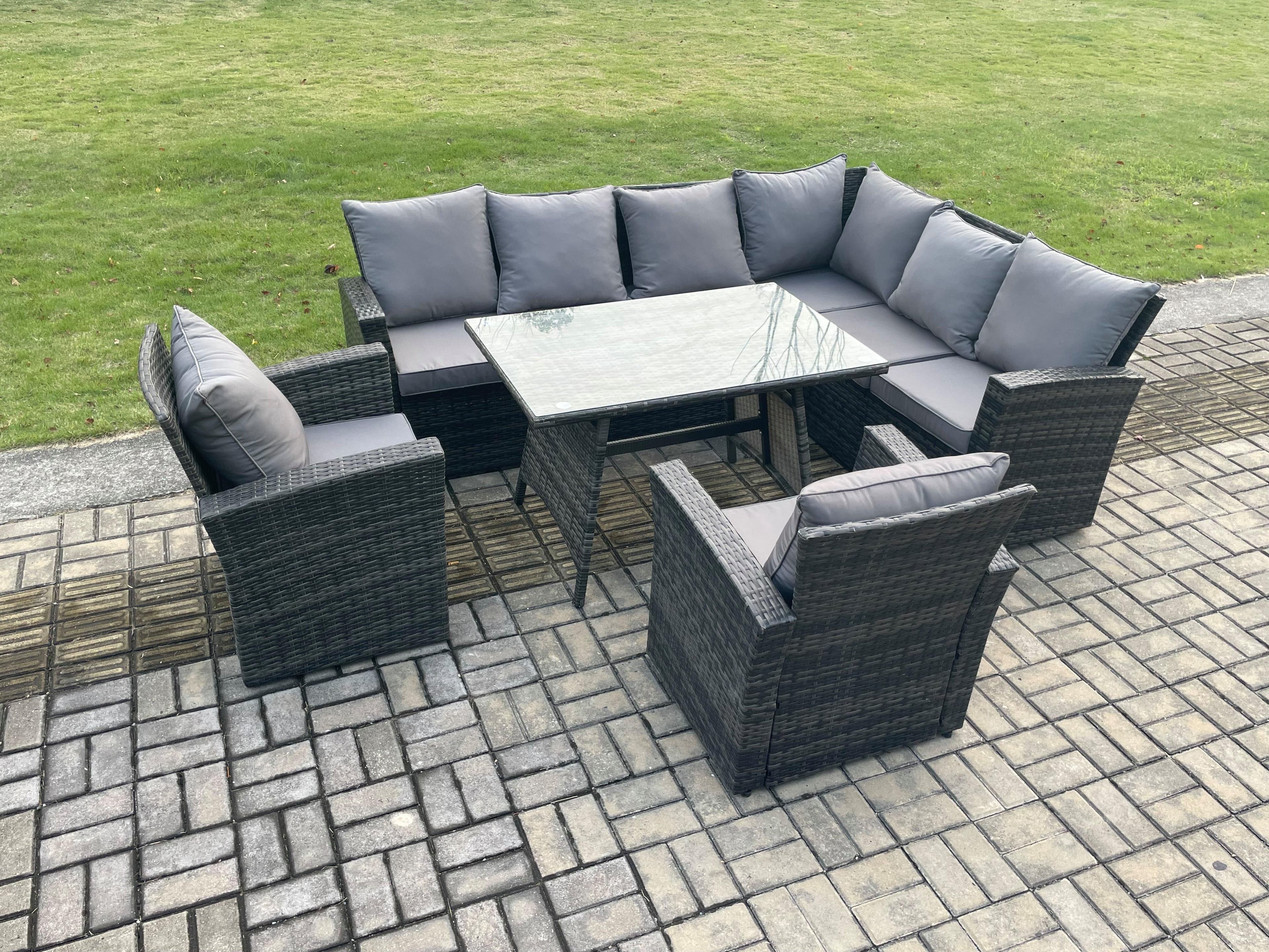 High Back Outdoor Garden Furniture Set Rattan Corner Sofa Dining Table Set 2 Armchair 8 Seater