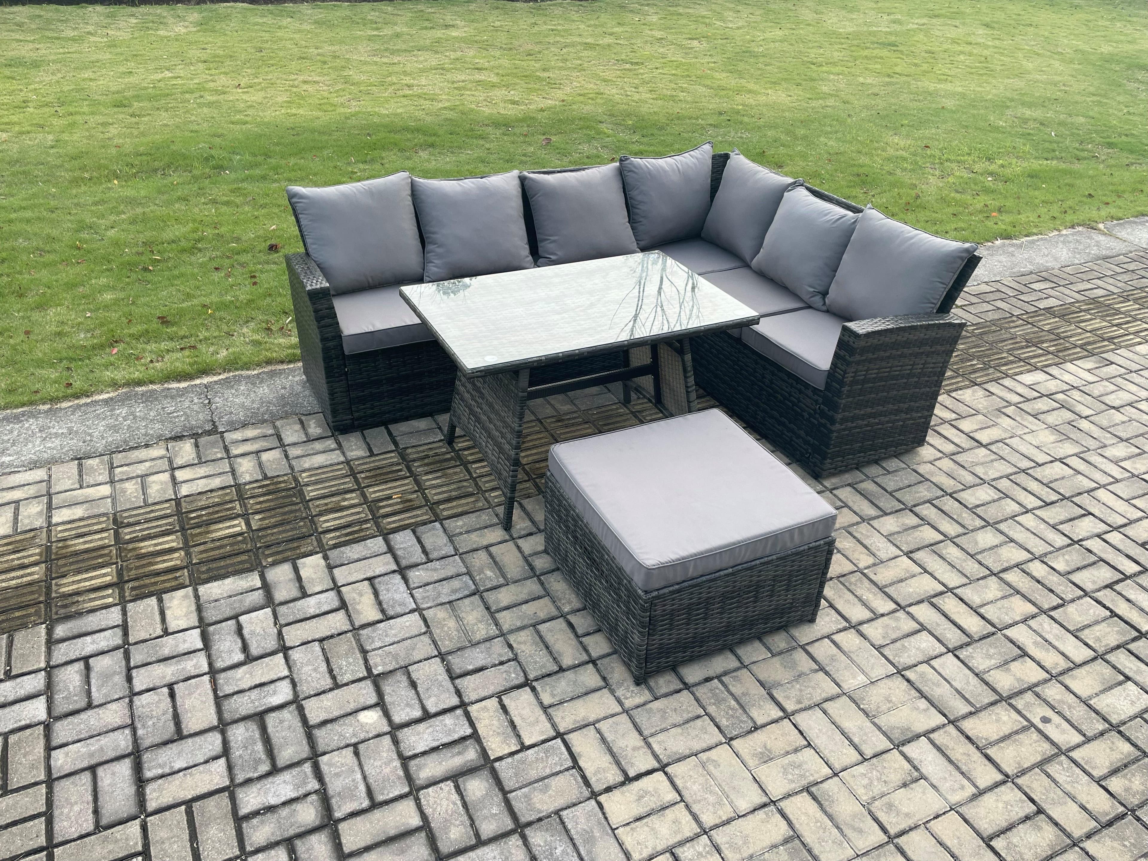 High Back Outdoor Garden Furniture Set Rattan Corner Sofa Dining Table Set Big Footstool 7 Seater
