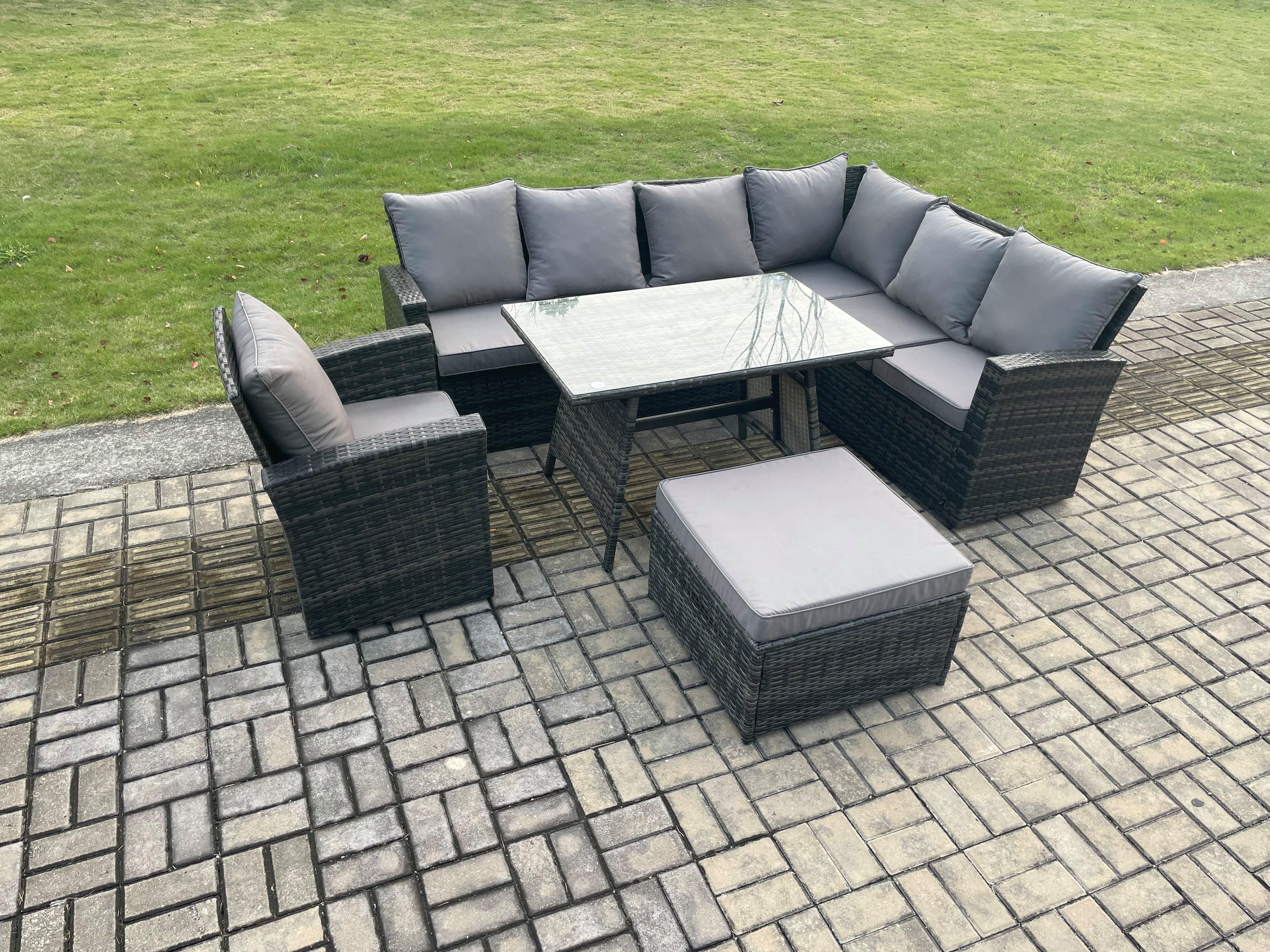 High Back Outdoor Garden Furniture Set Rattan Corner Sofa Dining Table Set Armchair Big Footstool