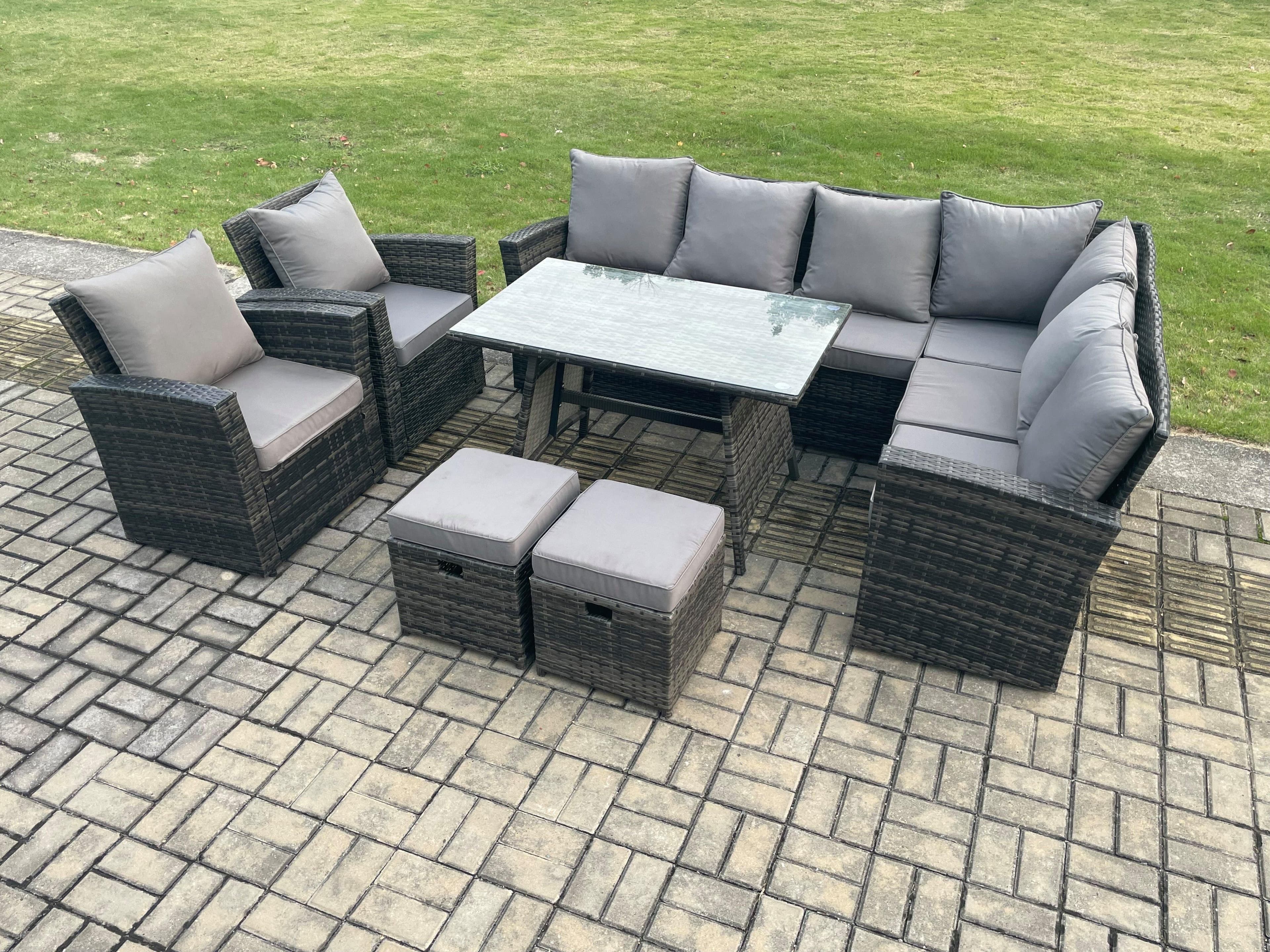 High Back Outdoor Garden Furniture Set Rattan Corner Sofa Dining Table Set Armchairs Footstool