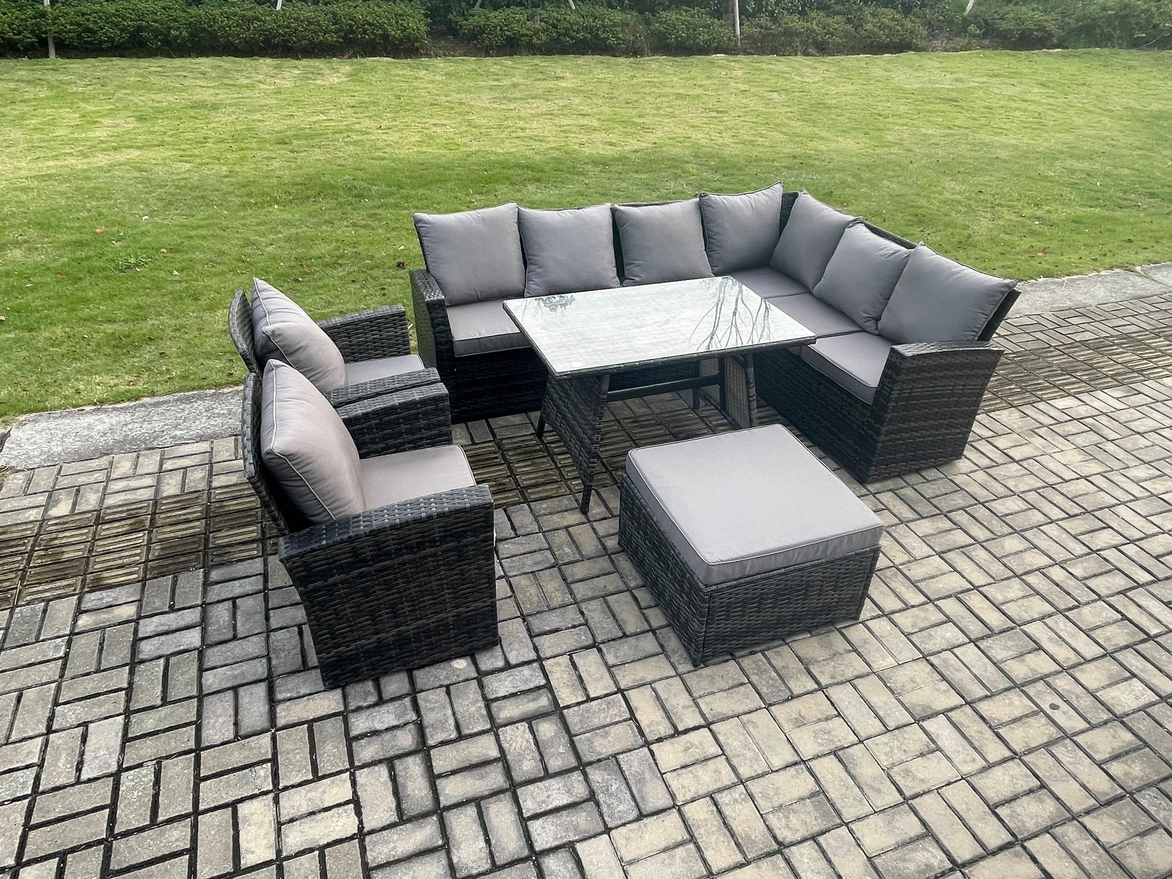 High Back Outdoor Garden Furniture Set Rattan Corner Sofa Dining Table Set 2 Armchairs Big Footstool