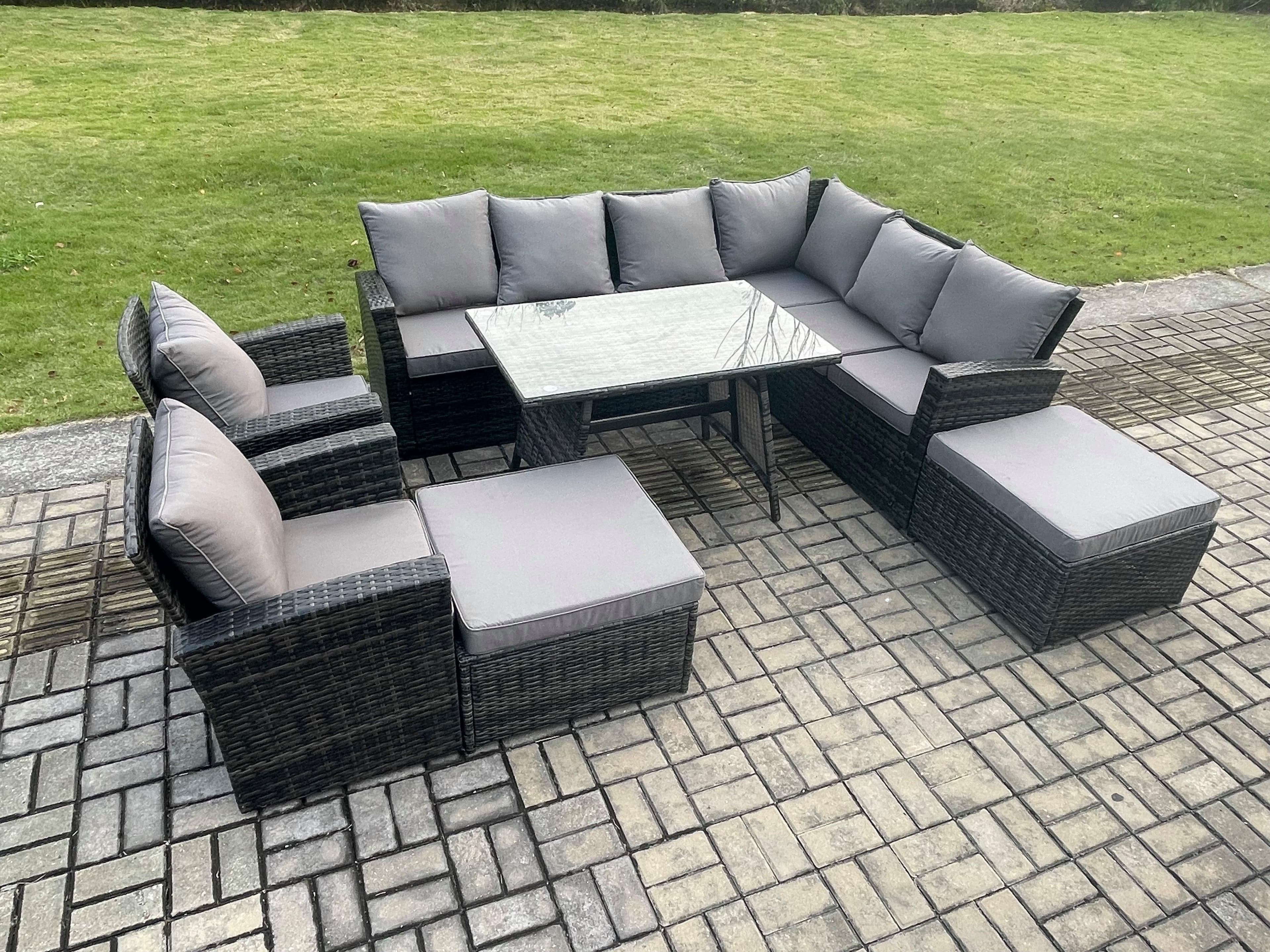 High Back Outdoor Garden Furniture Set Rattan Corner Sofa Dining Table Set 2 Big Footstool 10 Seater