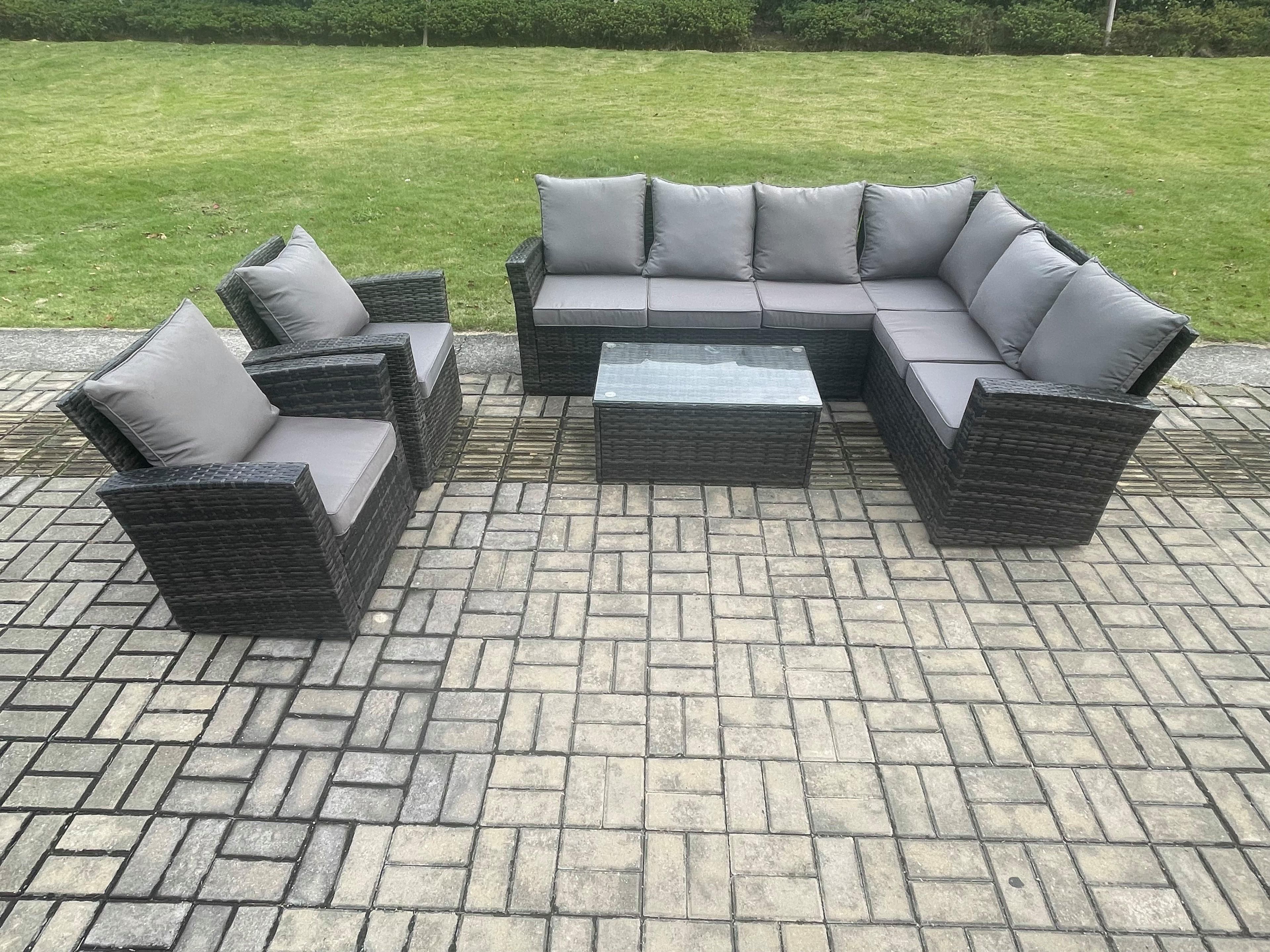 8 Seater High Back Outdoor Garden Furniture Set Rattan Corner Sofa Set Rectangular Coffee Table