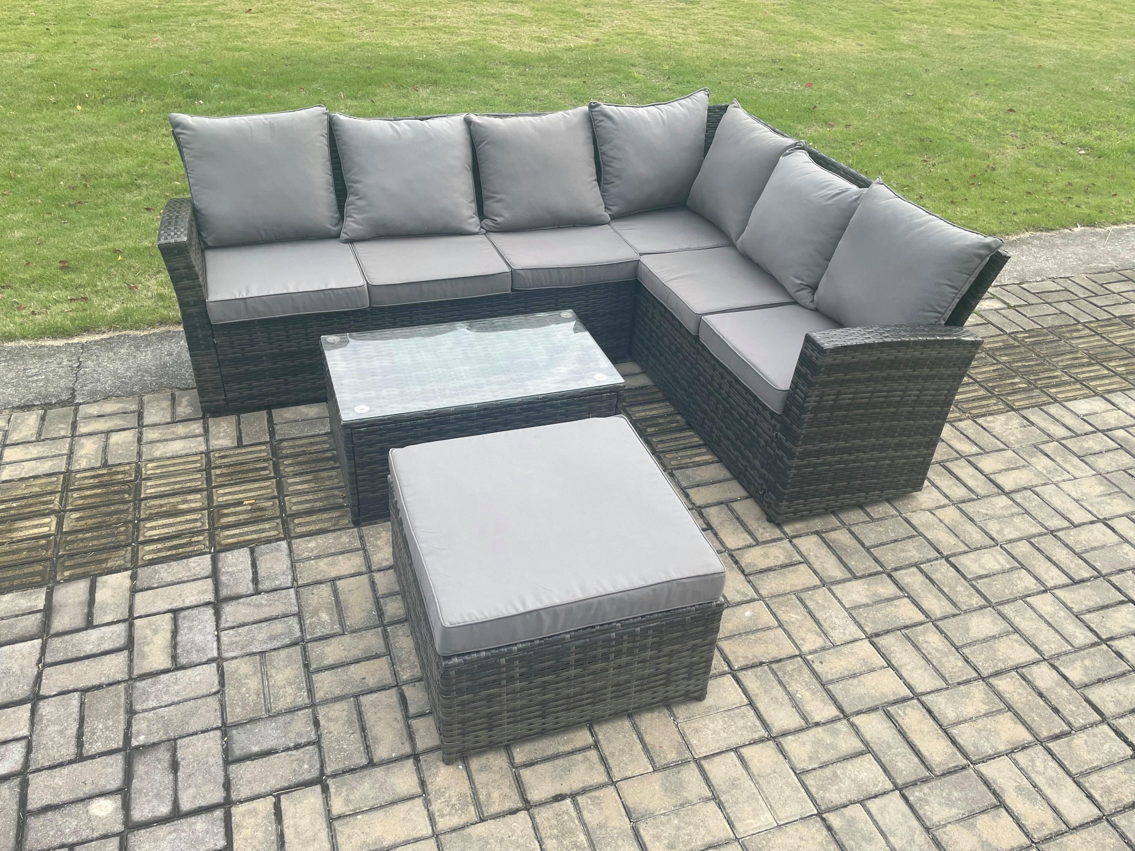 7 Seater High Back Outdoor Garden Furniture Set Rattan Corner Sofa Set Rectangular Coffee Table