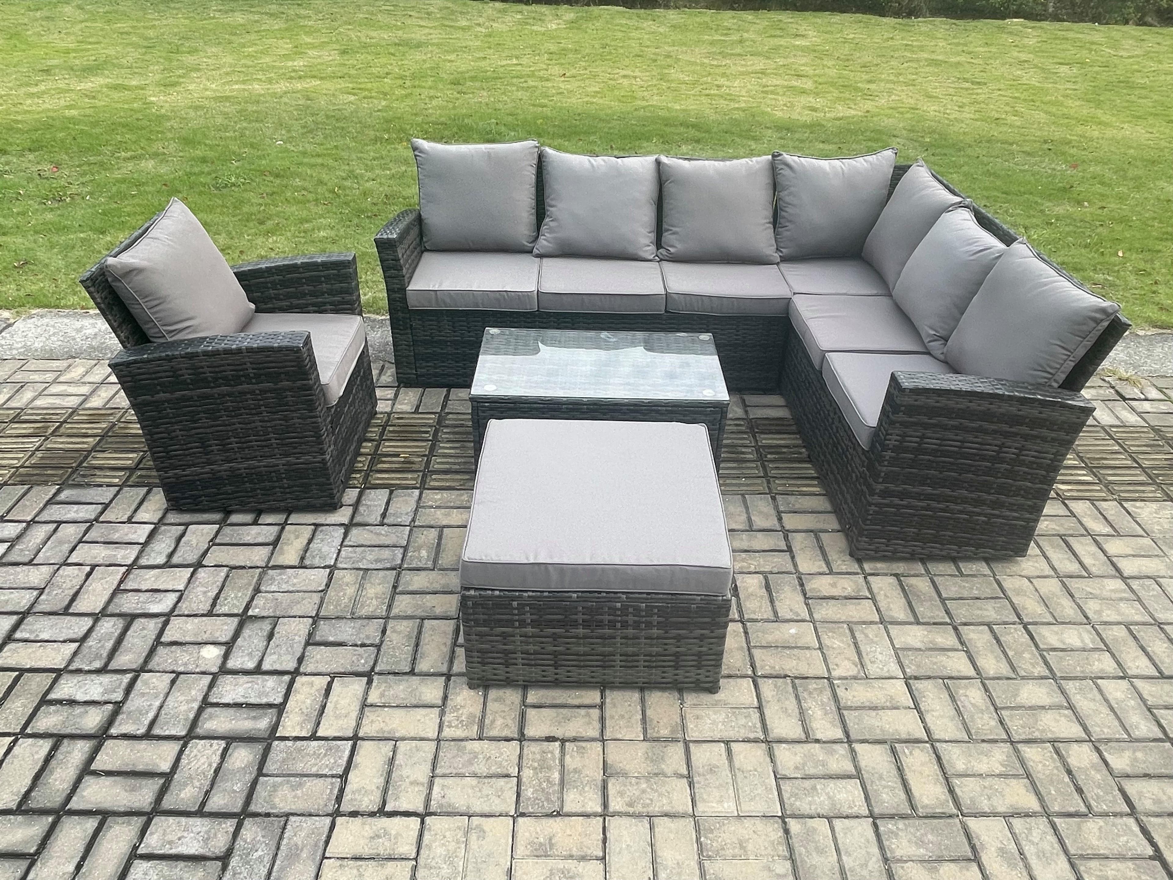 8 Seater High Back Outdoor Garden Furniture Set Rattan Corner Sofa Set Big Footstool Armchair