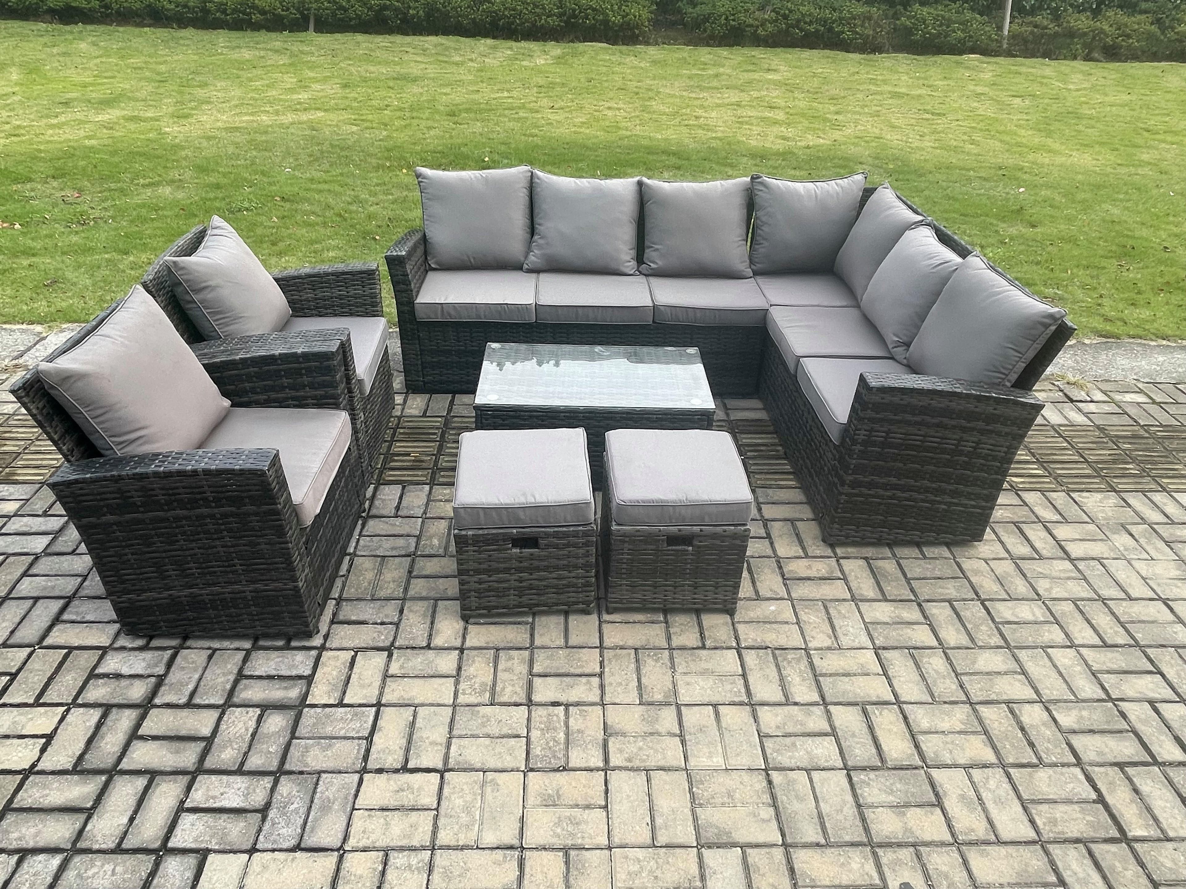 10 Seater High Back Outdoor Garden Furniture Set Rattan Corner Sofa Set Rectangular Coffee Table 2 Small Footstools