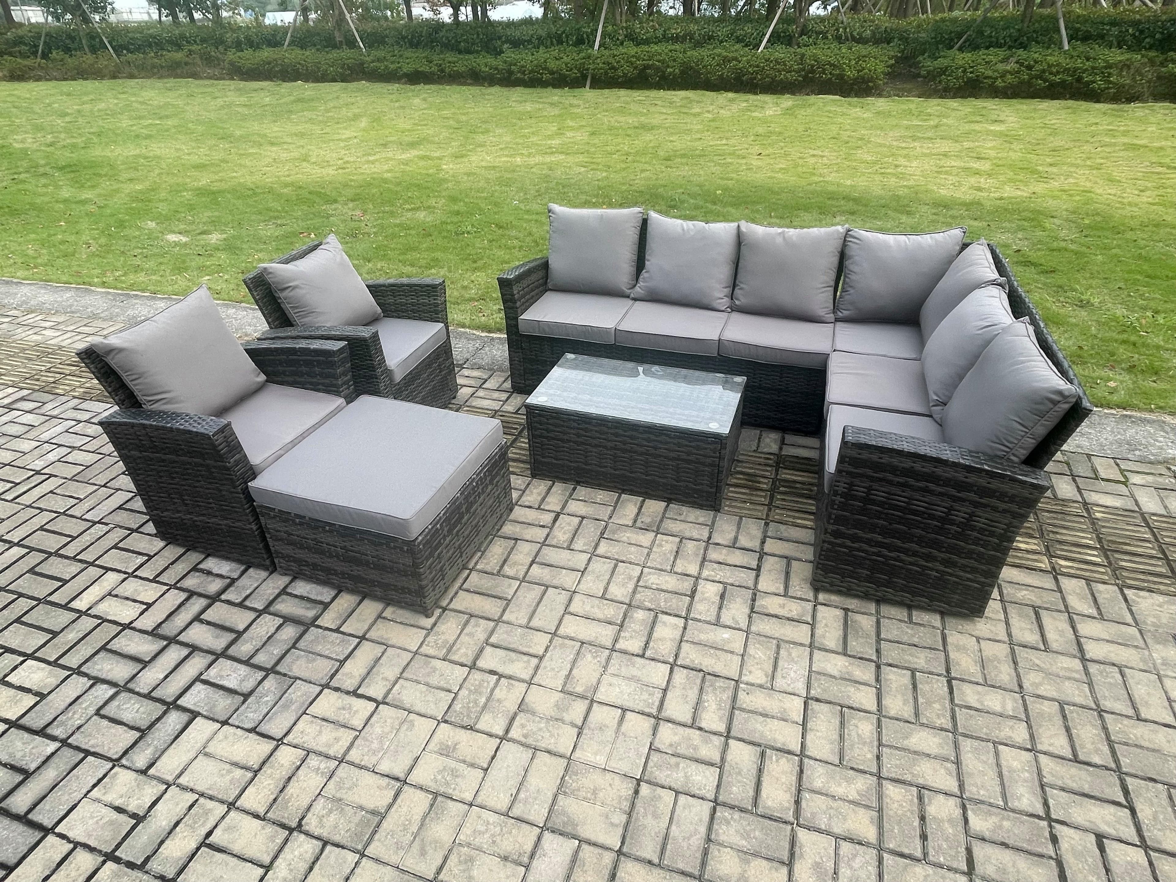 9 Seater High Back Outdoor Garden Furniture Set Rattan Corner Sofa Set Rectangular Coffee Table Big Footstool 2 Armchair