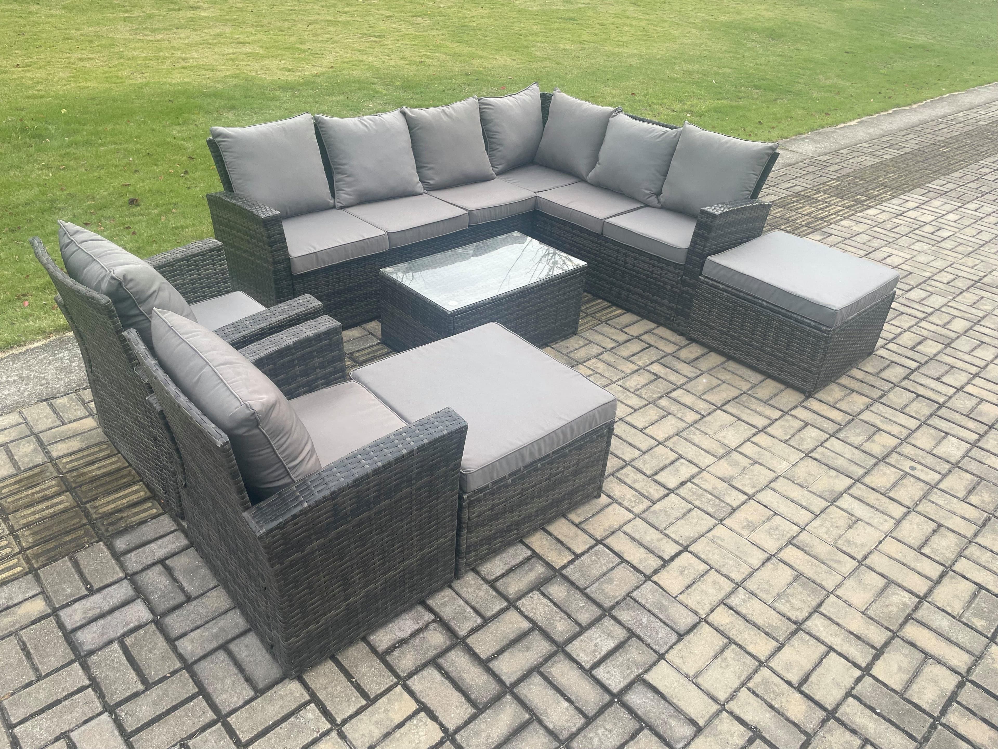 10 Seater High Back Outdoor Garden Furniture Set Rattan Corner Sofa Set Rectangular Coffee Table Big Footstool
