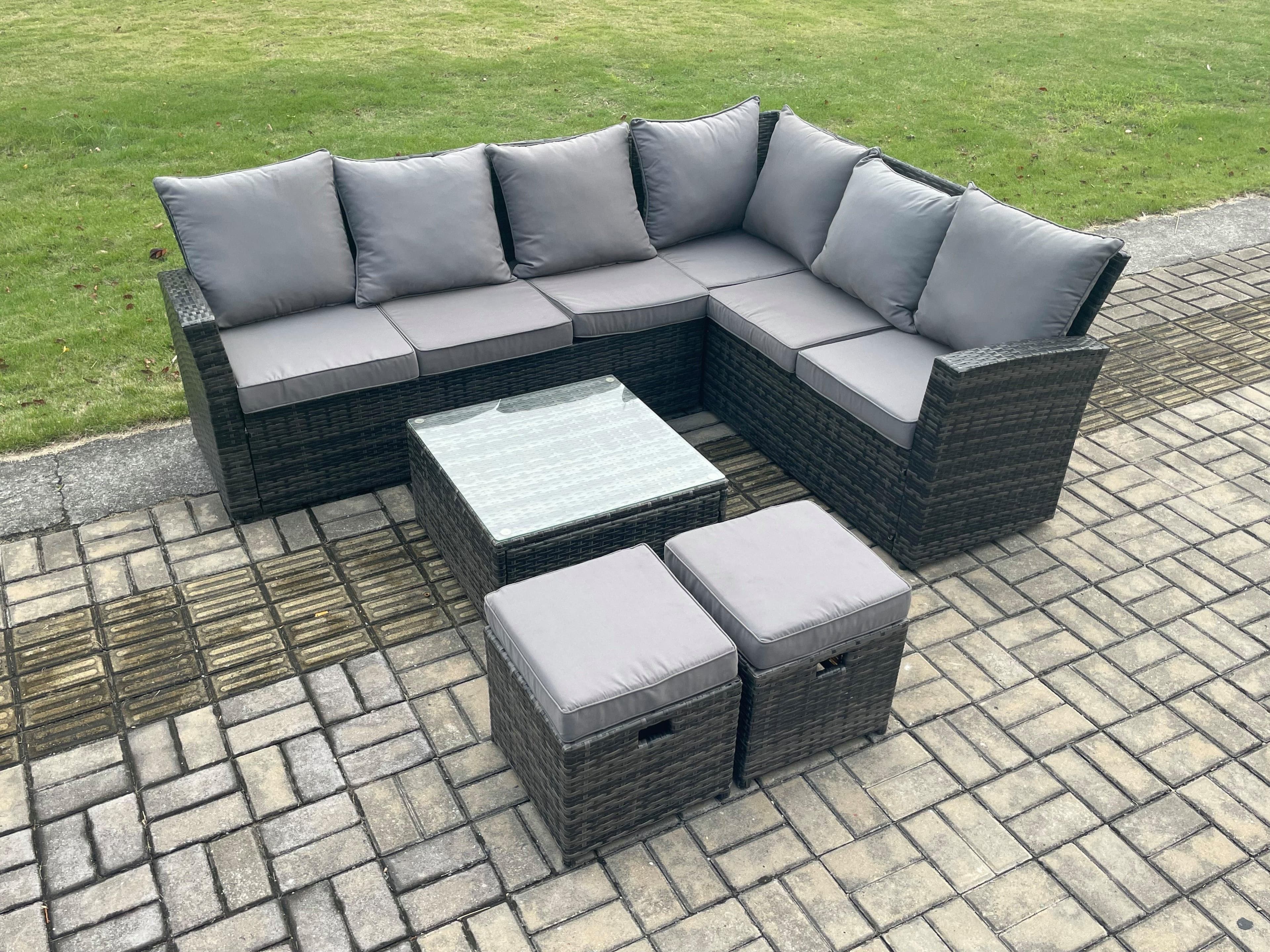 Rattan Garden Furniture Set Outdoor Lounge Corner Sofa Set Square Coffee Table 2 Small Footstools 8 Seater