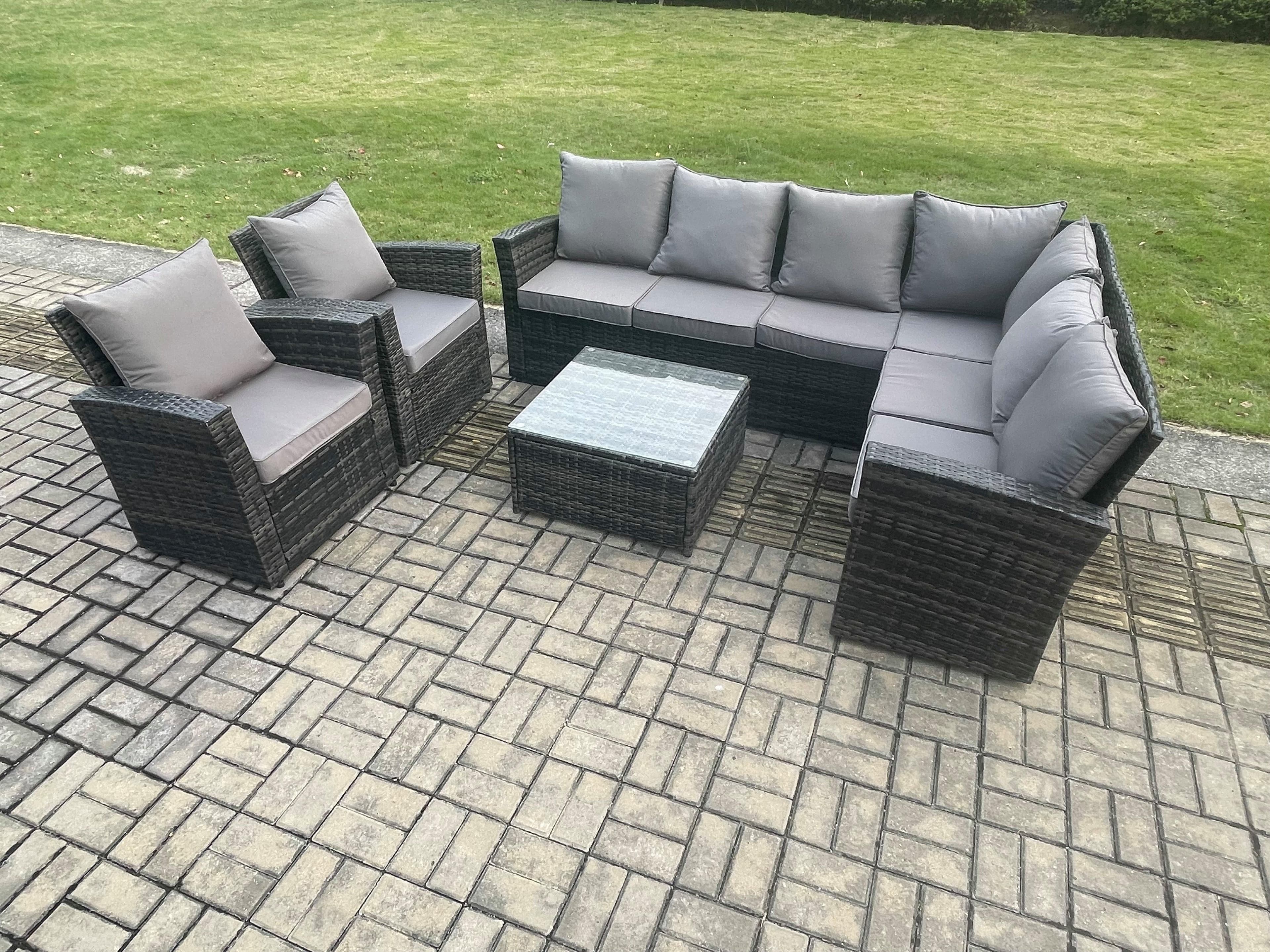 Rattan Garden Furniture Set Outdoor Lounge Corner Sofa Set Square Coffee Table 2 Chairs 8 Seater Dark Grey Mixed