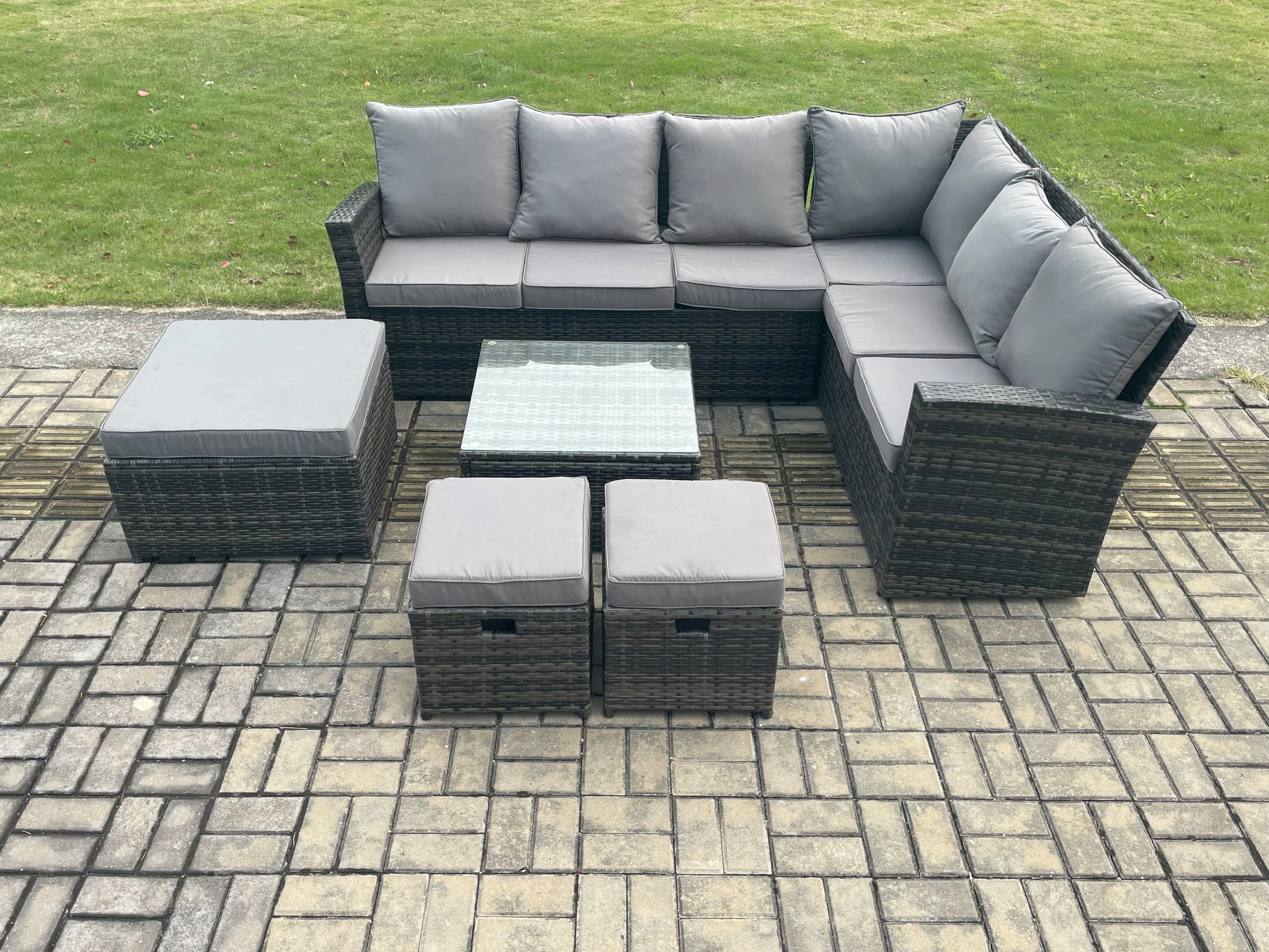 Rattan Garden Furniture Set Outdoor Lounge Corner Sofa Set Square Coffee Table 3 Footstools 9 Seater