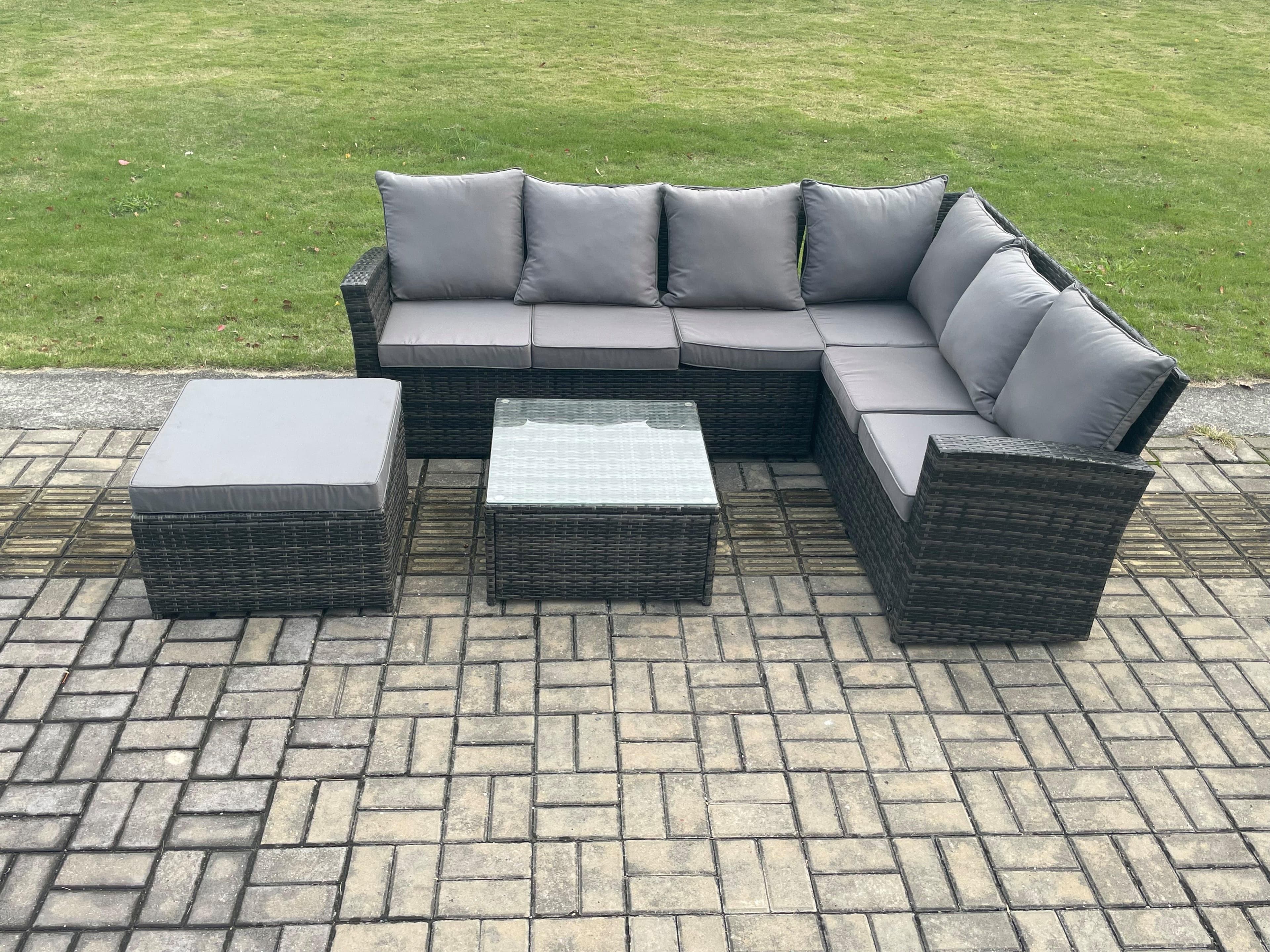 Rattan Garden Furniture Set Outdoor Lounge Corner Sofa Set Square Coffee Table Big Footstool 7 Seater