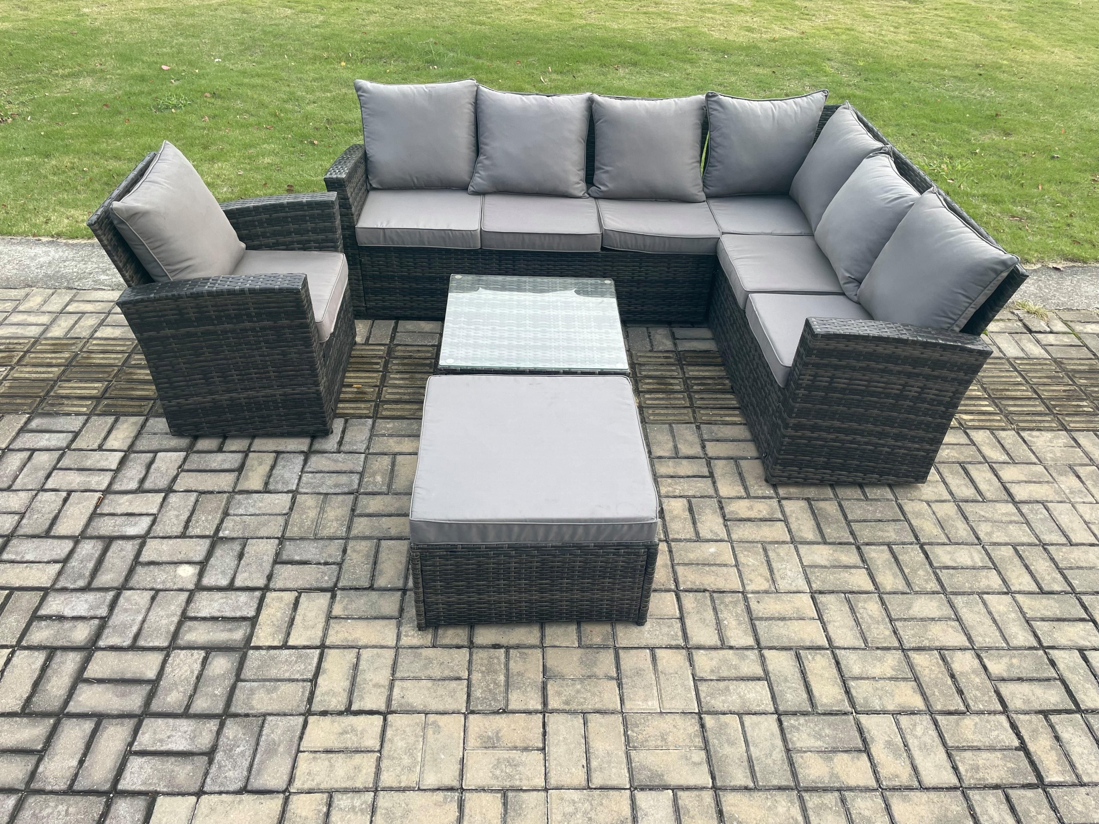 8 Seat Rattan Garden Furniture Corner Sofa Set Outdoor Patio Sofa Chair Table Set Big Footstool Dark Grey Mixed