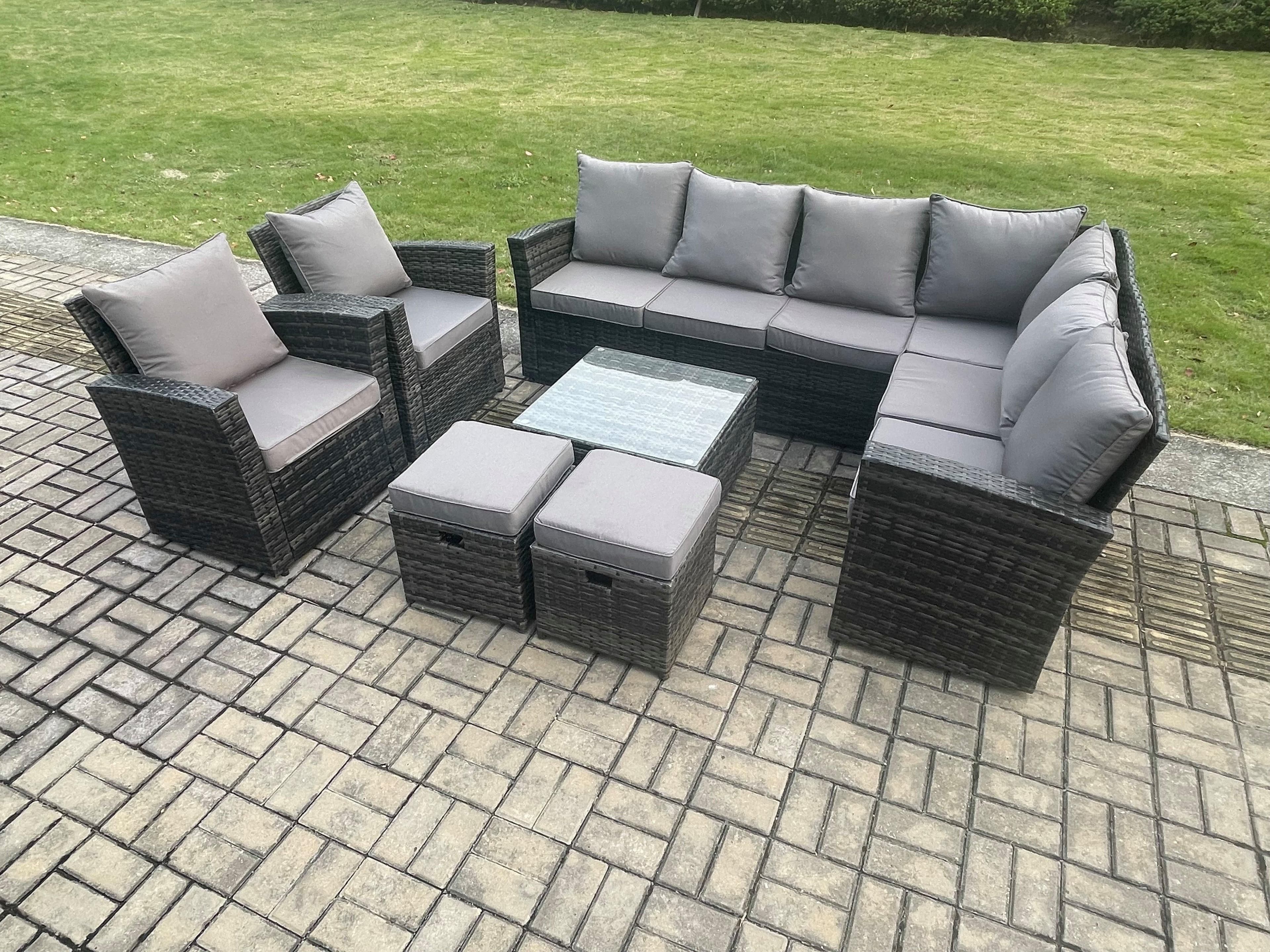 10 Seat Rattan Garden Furniture Corner Sofa Set Outdoor Patio Sofa Table Set 2 Small Footstools 2 Armchairs