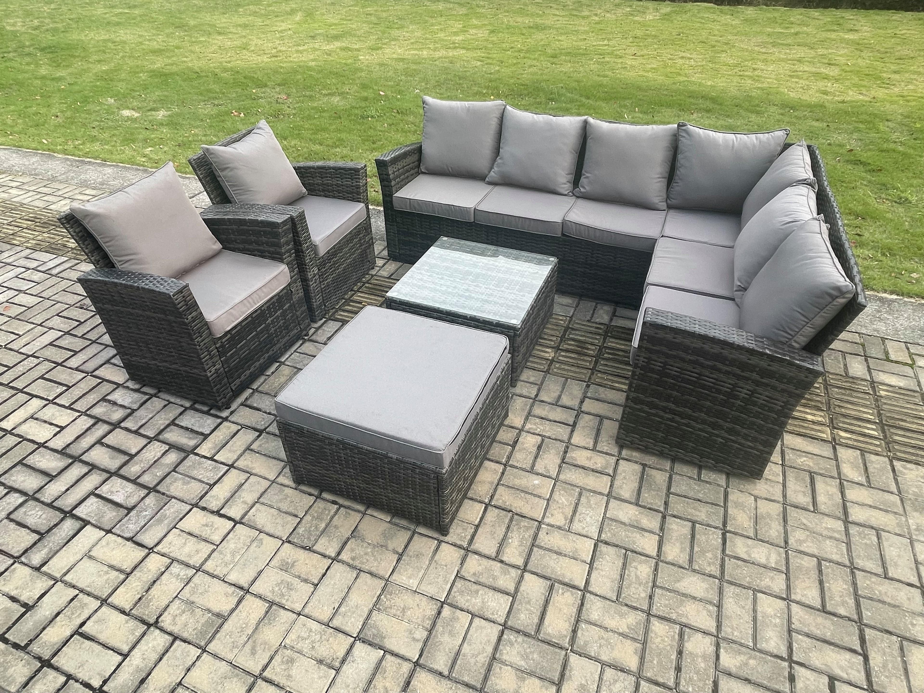 9 Seat Rattan Garden Furniture Corner Sofa Set Outdoor Patio Sofa Table Set Big Footstool 2 Armchairs Dark Grey Mixed