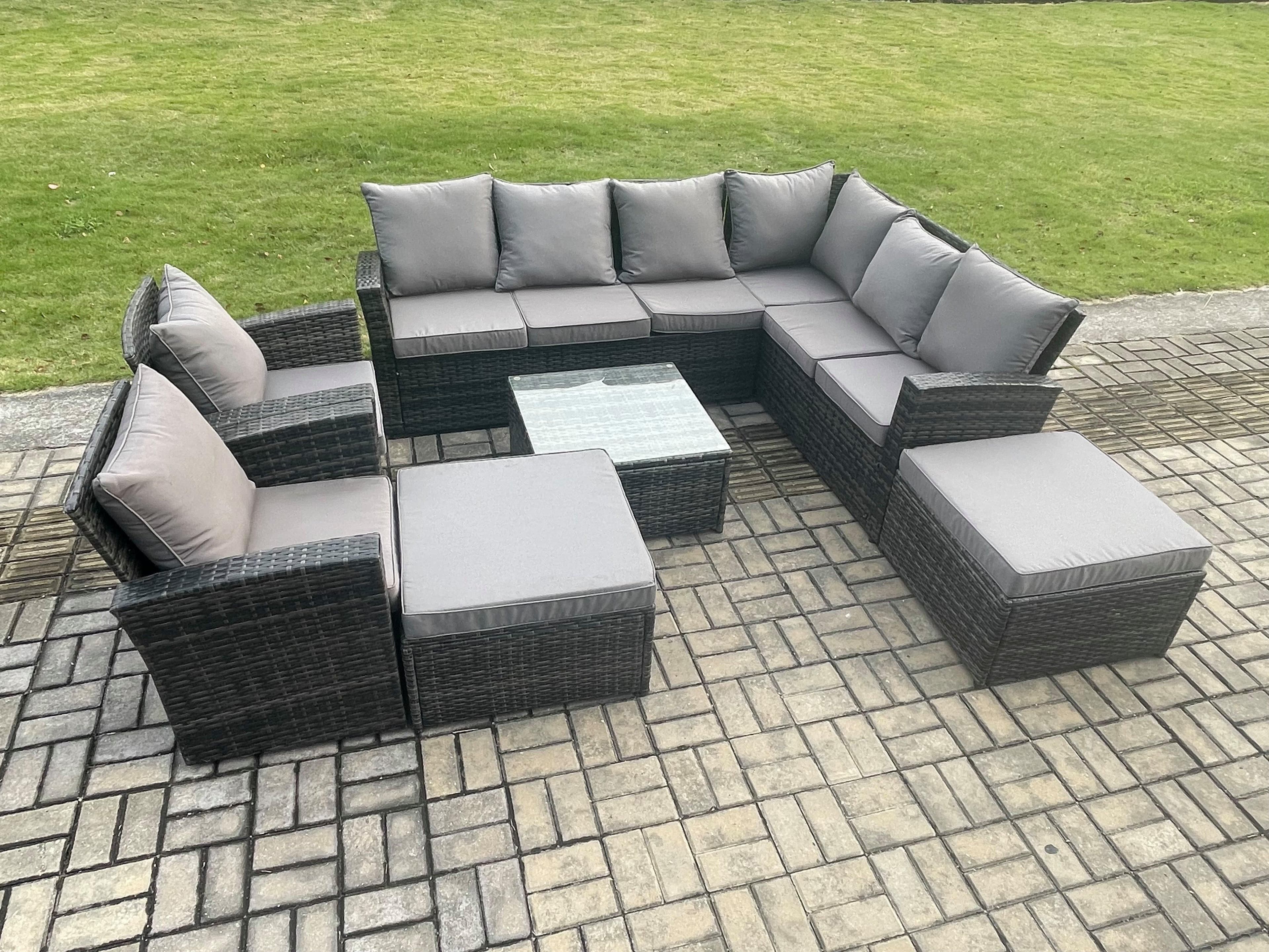 10 Seat Rattan Garden Furniture Corner Sofa Set Outdoor Patio Sofa Table Set 2 Big Footstool 2 Armchairs