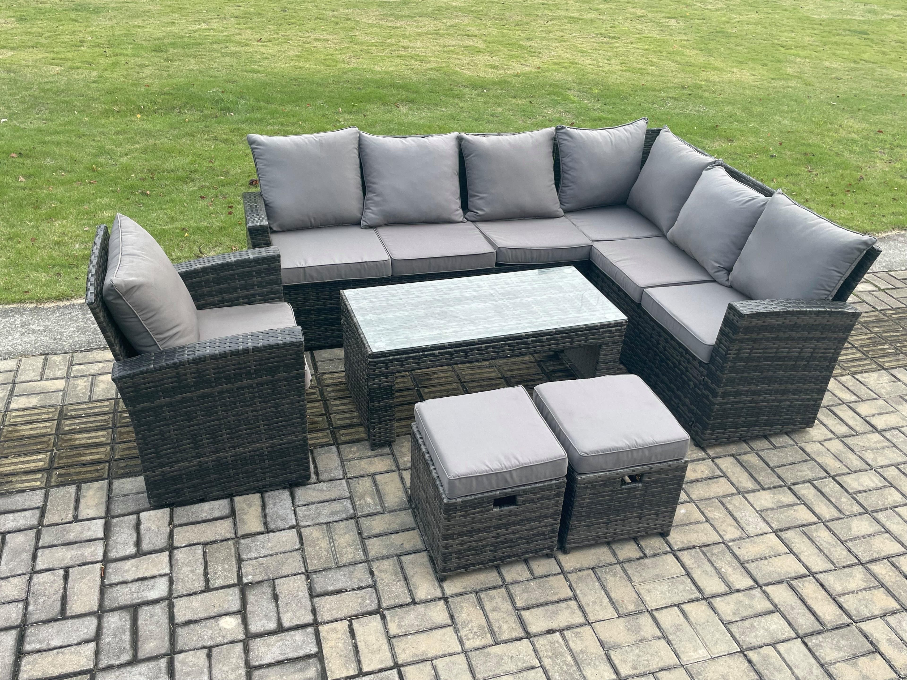 9 Seat Rattan Garden Furniture Corner Sofa Set Outdoor Patio Sofa Table Set 2 Small Footstools Armchair