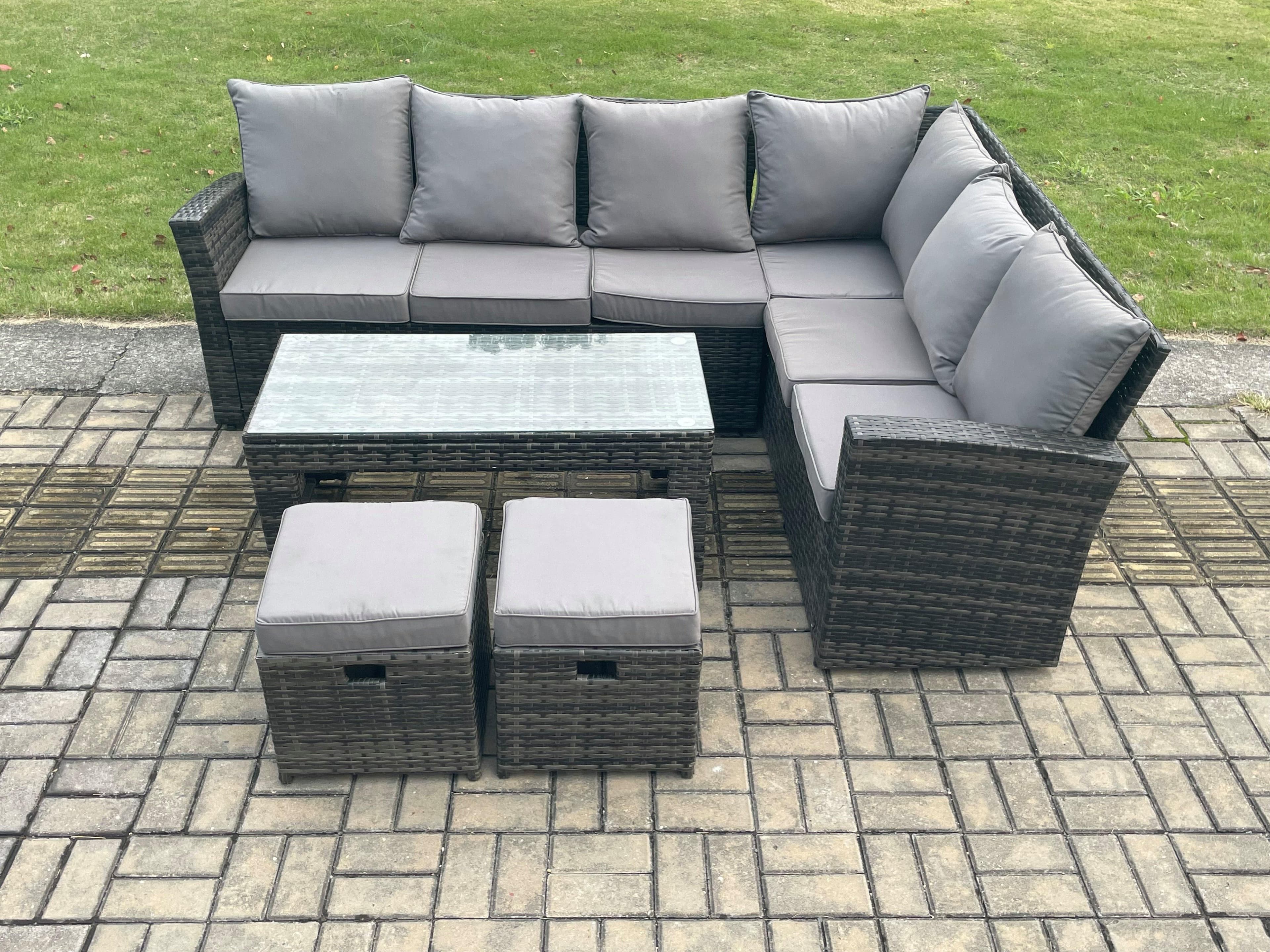 Rattan Garden Furniture Corner Sofa Set Outdoor Patio Sofa Table Set 2 Small Footstools Dark Grey Mixed