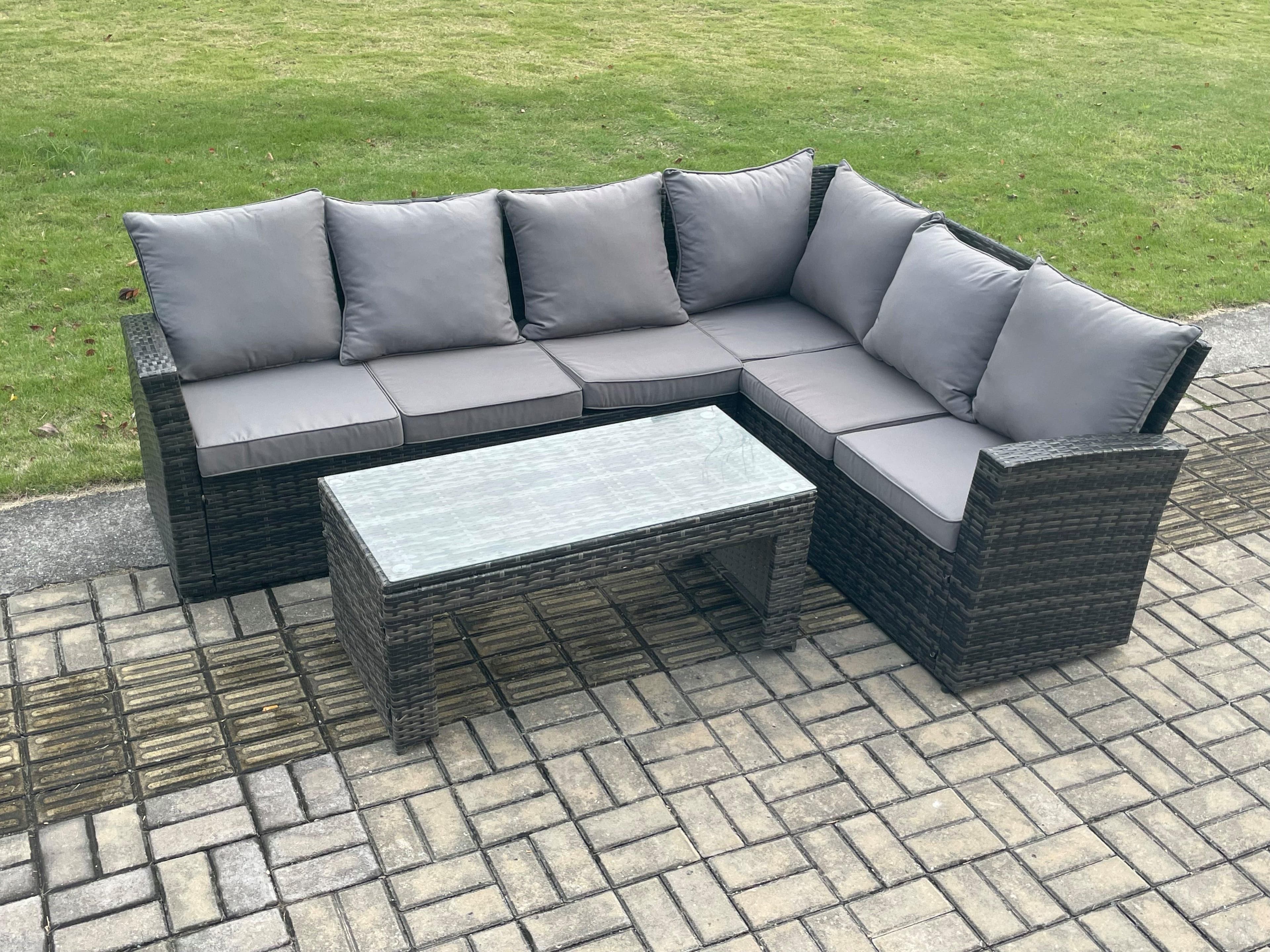6 Seat Rattan Garden Furniture Corner Sofa Set Outdoor Patio Sofa Table Set Cushions Dark Grey Mixed