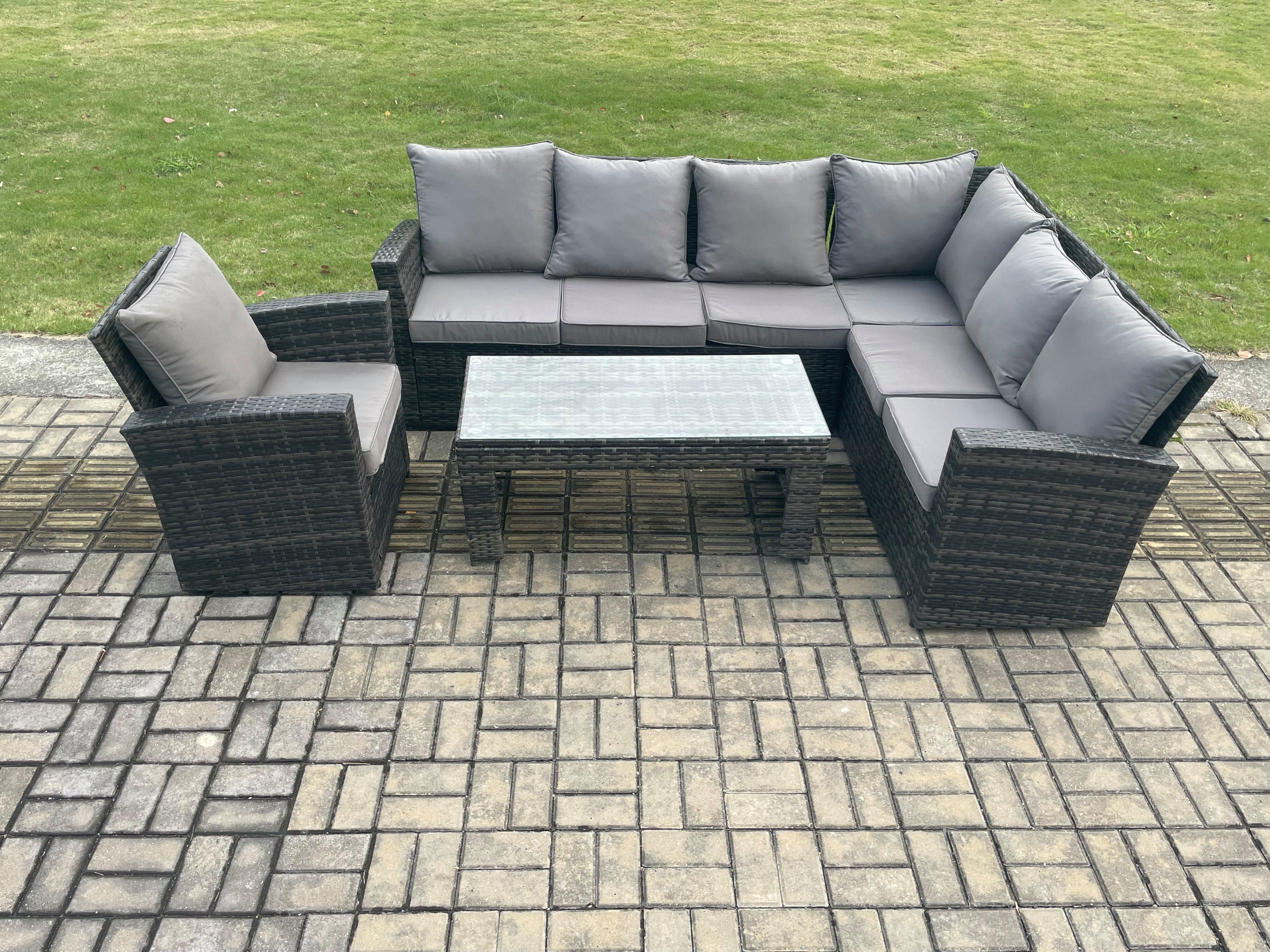 7 Seat Rattan Garden Furniture Corner Sofa Set Outdoor Patio Sofa Chair Table Set Cushions Dark Grey Mixed
