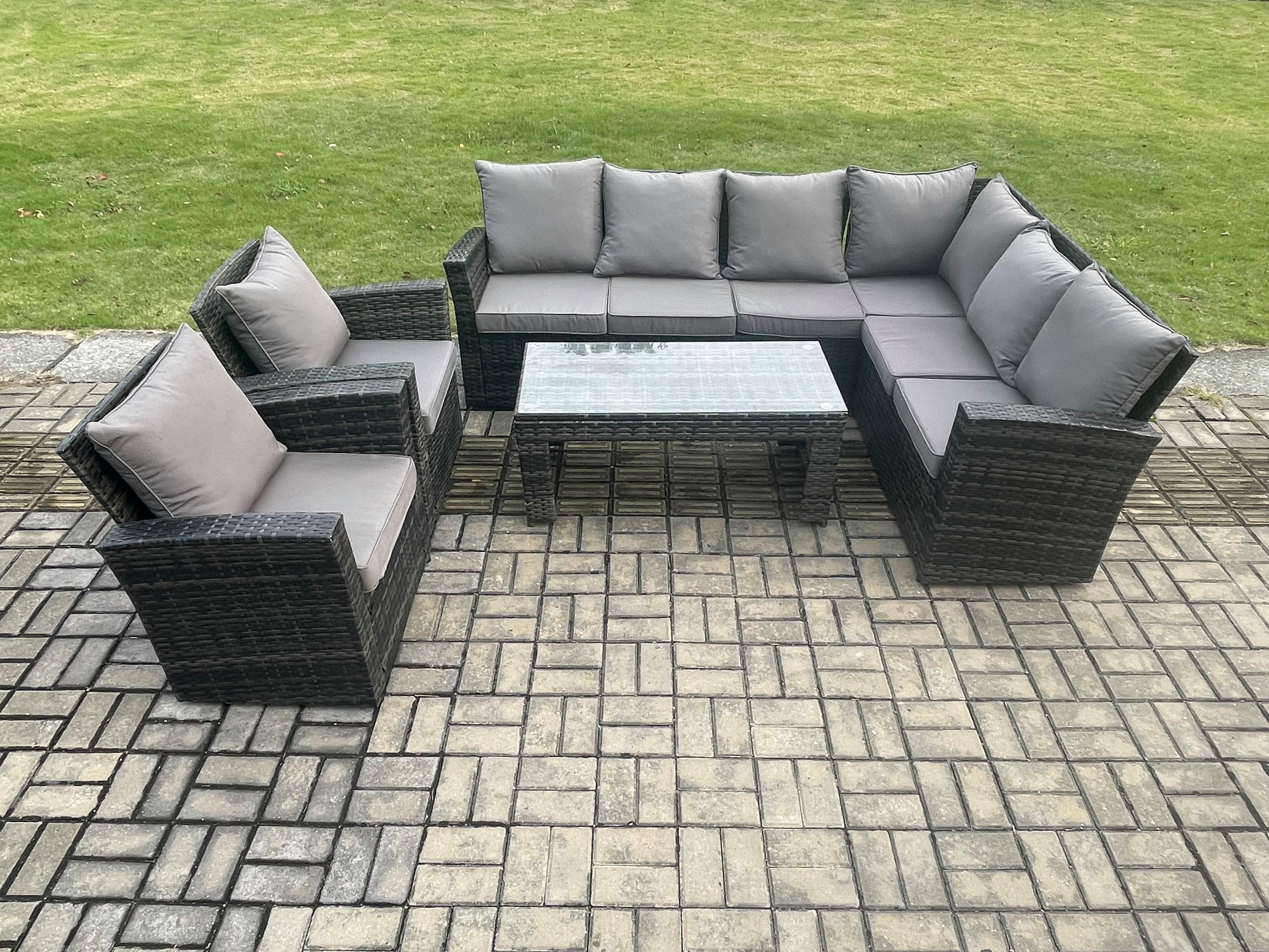 8 Seat Rattan Garden Furniture Corner Sofa Set Outdoor Patio Sofa Chair Table Set Cushions Dark Grey Mixed