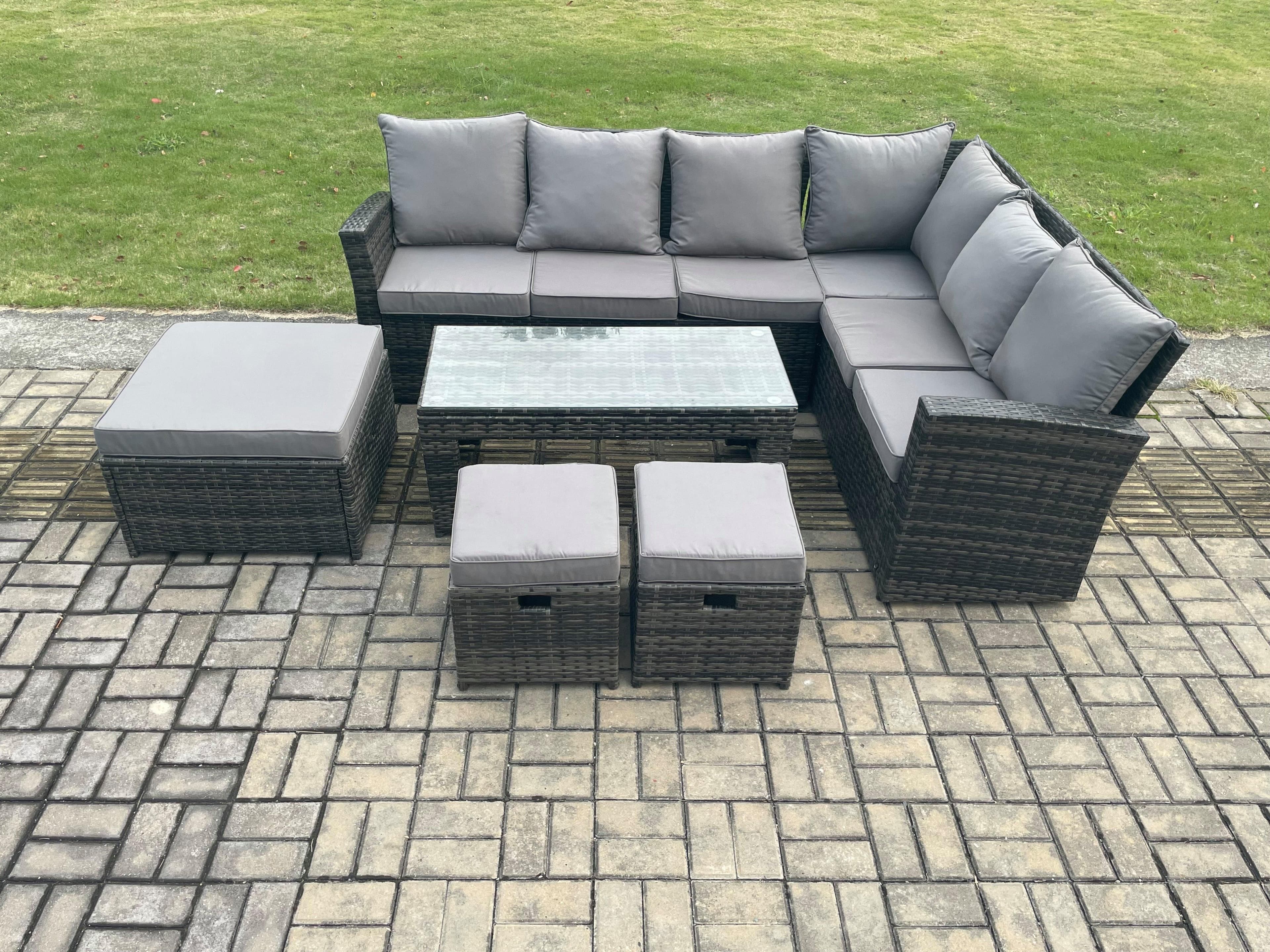 Rattan Corner Sofa Garden Furniture Set 3 Footstools Rectangular Coffee Table Cushion Dark Grey Mixed