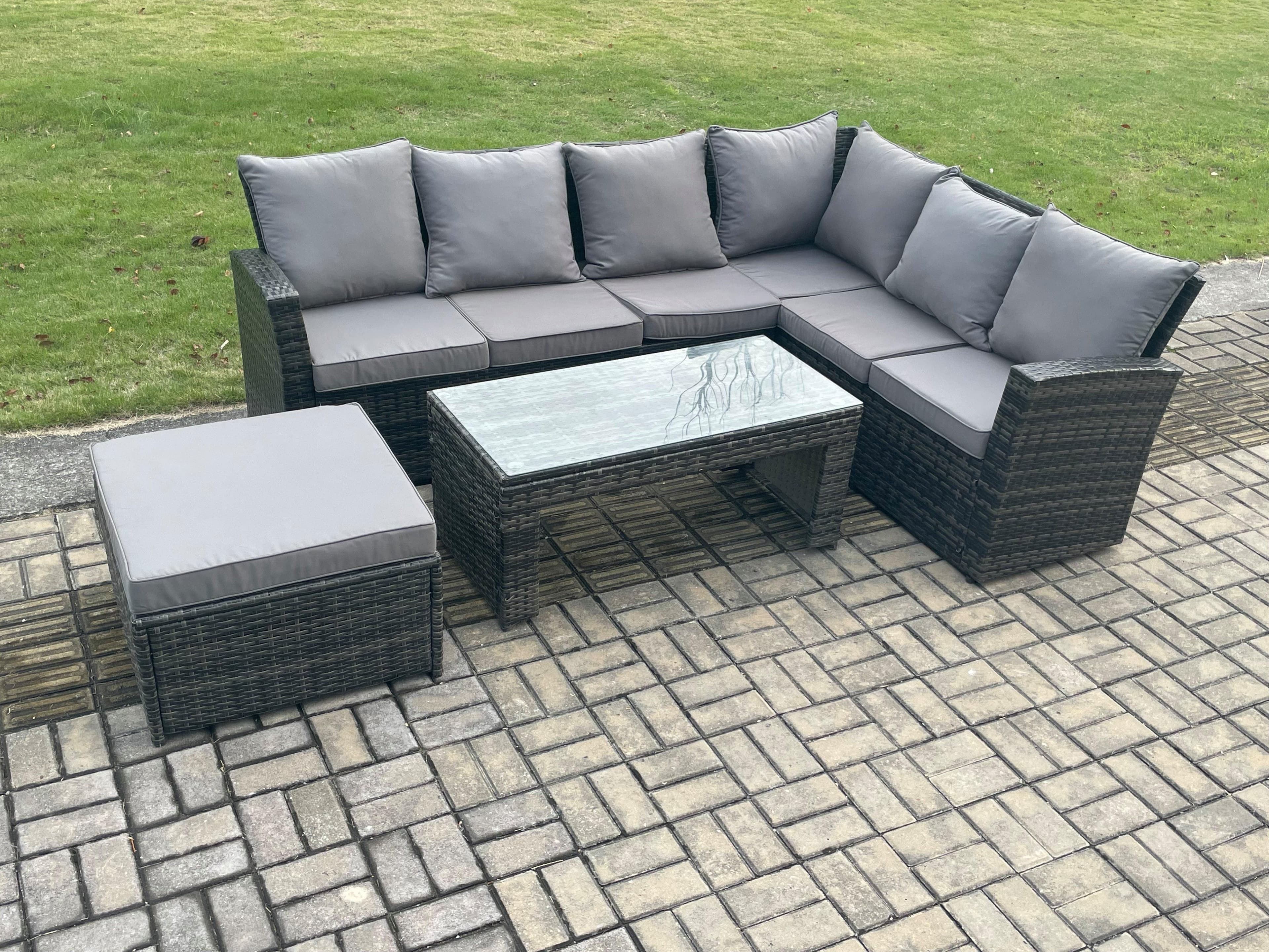 Rattan Corner Sofa Garden Furniture Set Big Footstool Rectangular Coffee Table Cushion Dark Grey Mixed