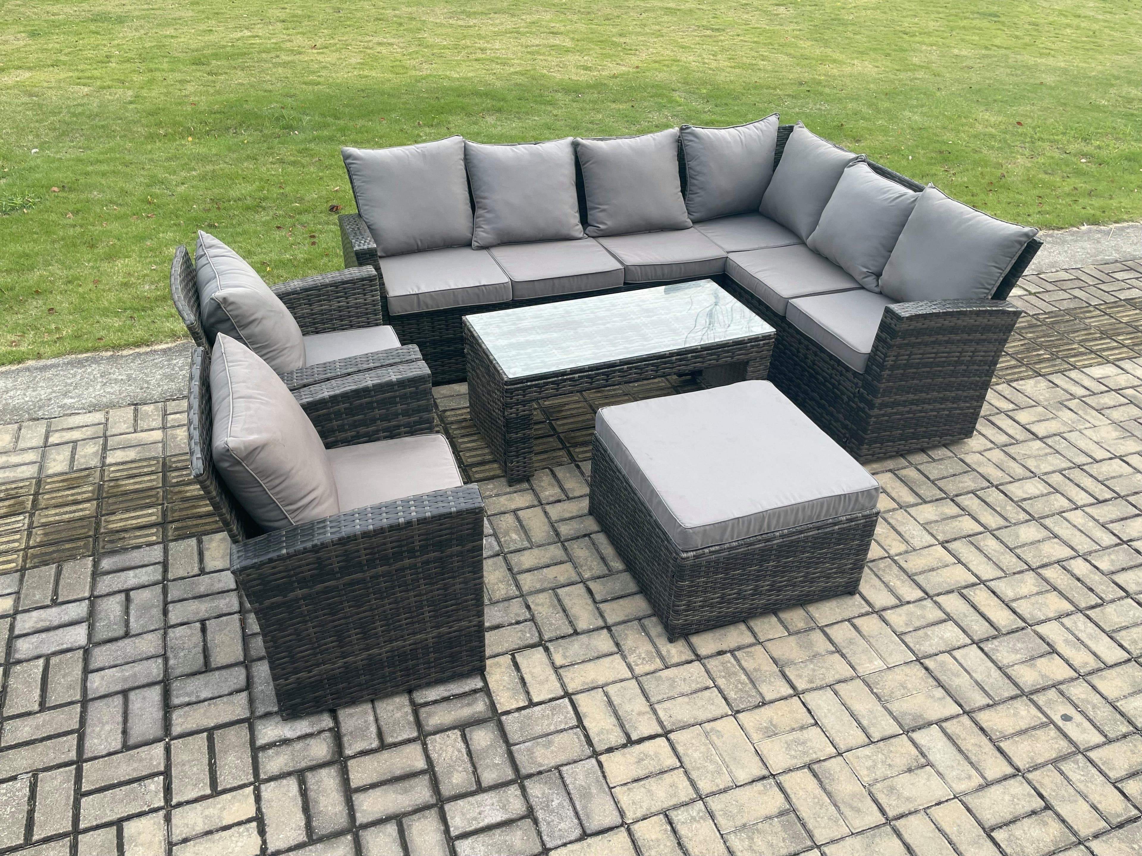 Rattan Corner Sofa Garden Furniture Set Big Footstool Rectangular Coffee Table 2 Armchairs Cushion Dark Grey