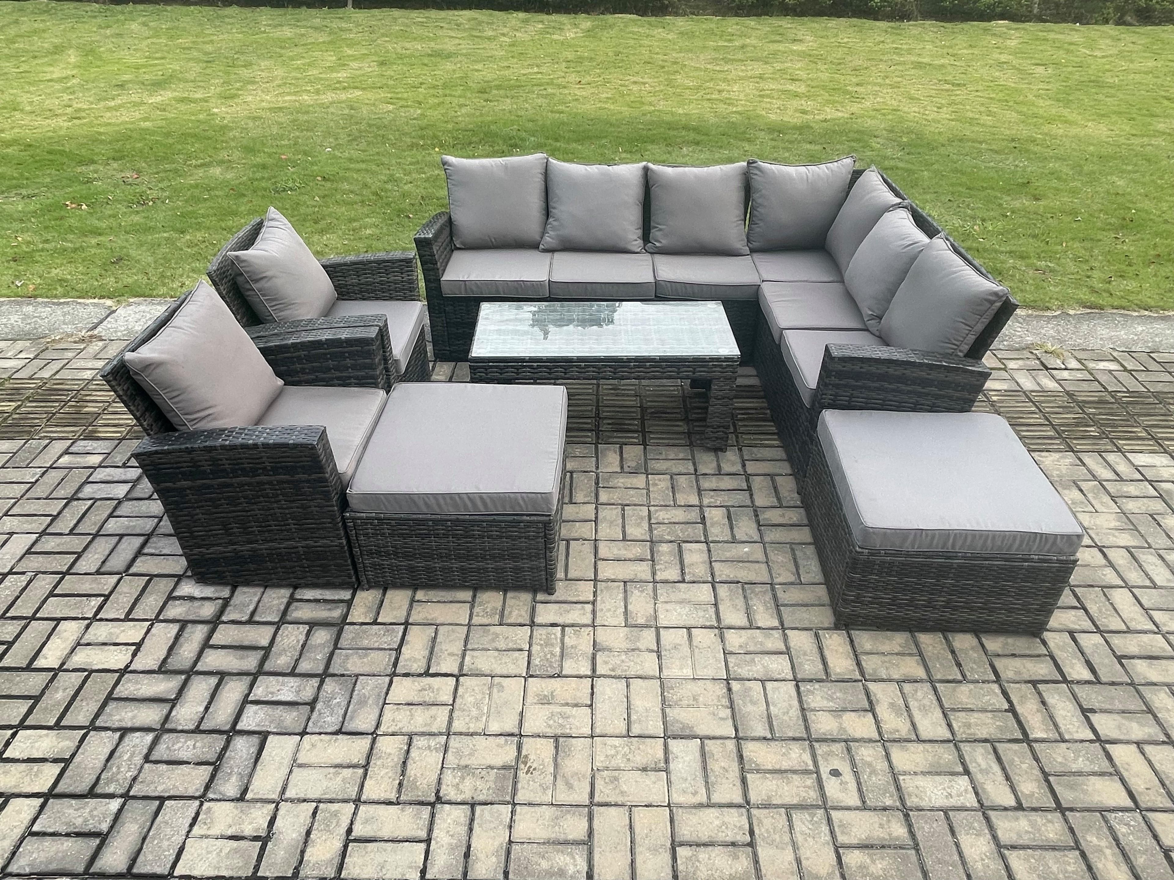 Rattan Corner Sofa Garden Furniture Set 2 Big Footstool Rectangular Coffee Table 2 Armchairs Dark Grey Mixed