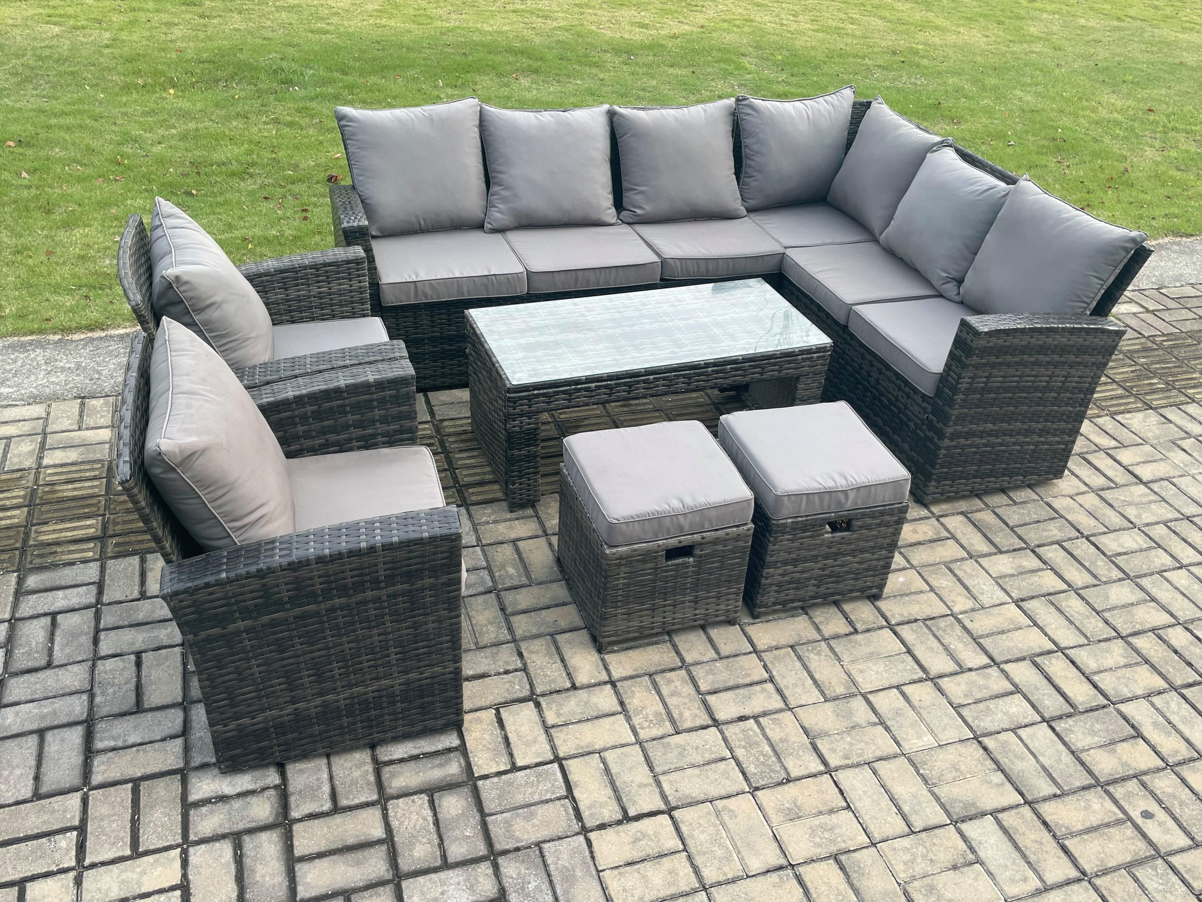 Rattan Corner Sofa Garden Furniture Set 2 Small Footstools Rectangular Coffee Table Cushion Dark Grey Mixed