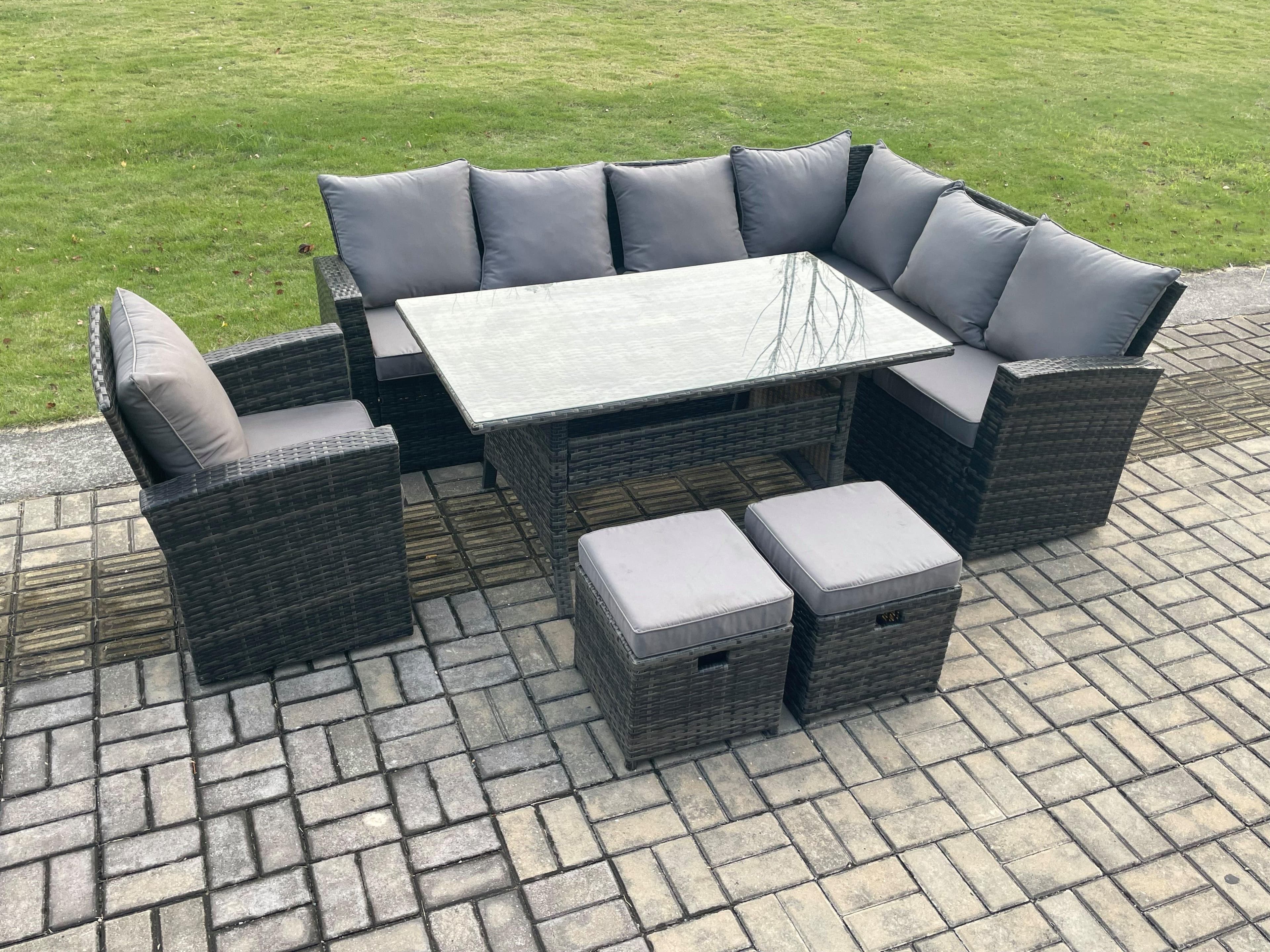 9 Seater Garden Rattan Furniture Corner Sofa Dining Table Set 2 Small Footstools Armchair Indoor Outdoor