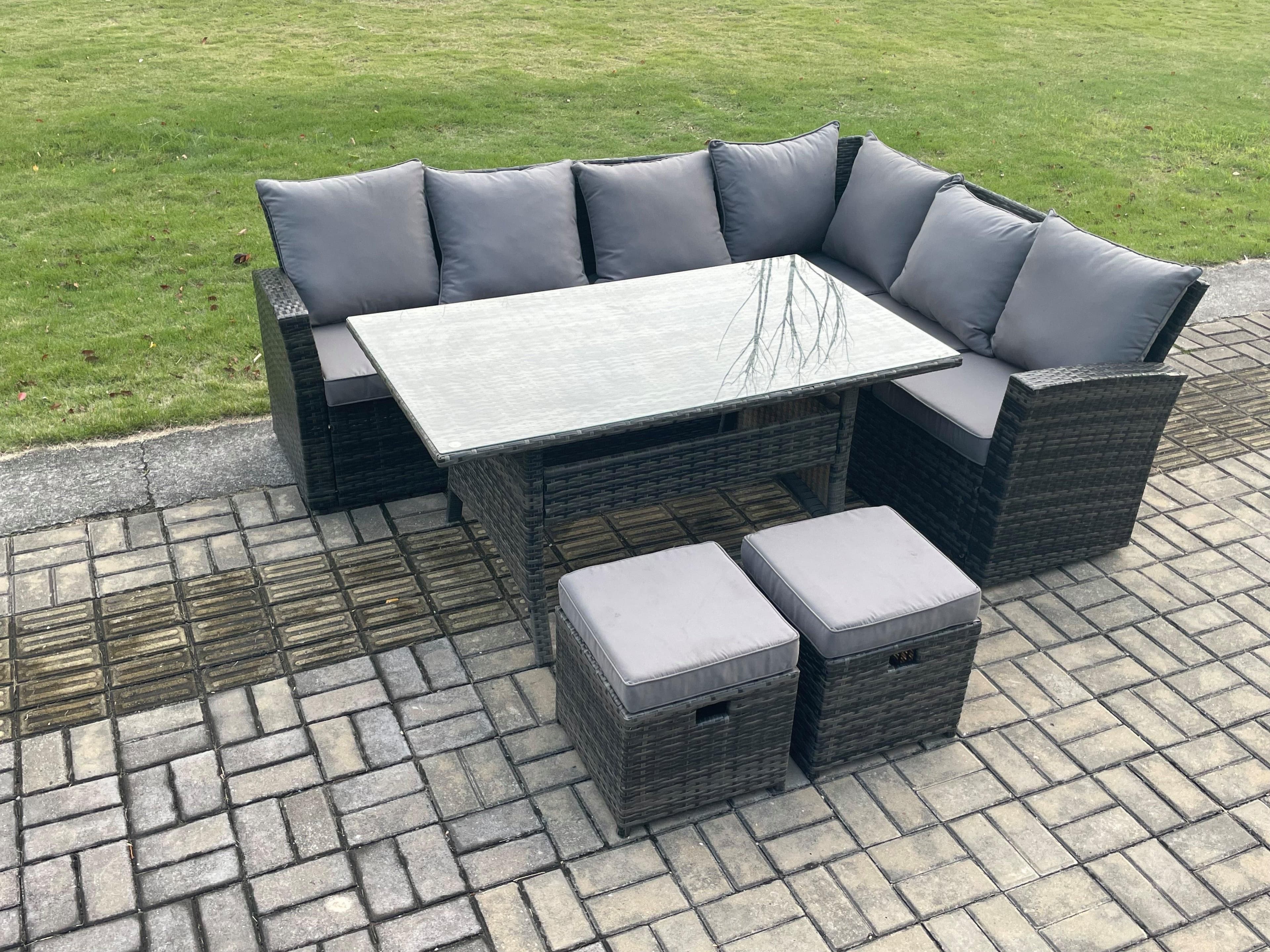 8 Seater Garden Rattan Furniture Corner Sofa Dining Table Set 2 Small Footstools Indoor Outdoor Lounge Sofa Set