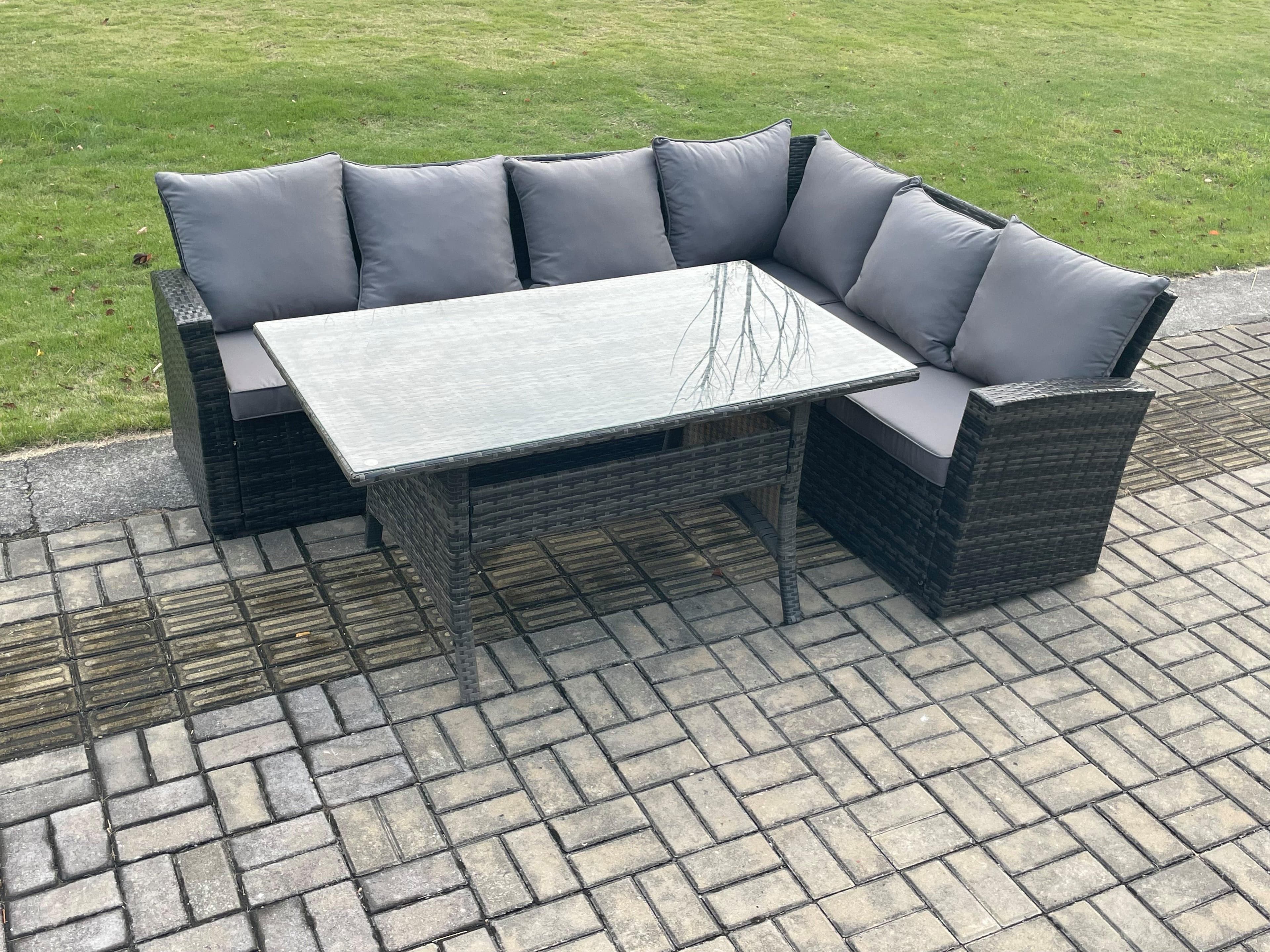 6 Seater Garden Rattan Furniture Corner Sofa Dining Table Set Temper Glass Cushions Indoor Outdoor Lounge Sofa Set