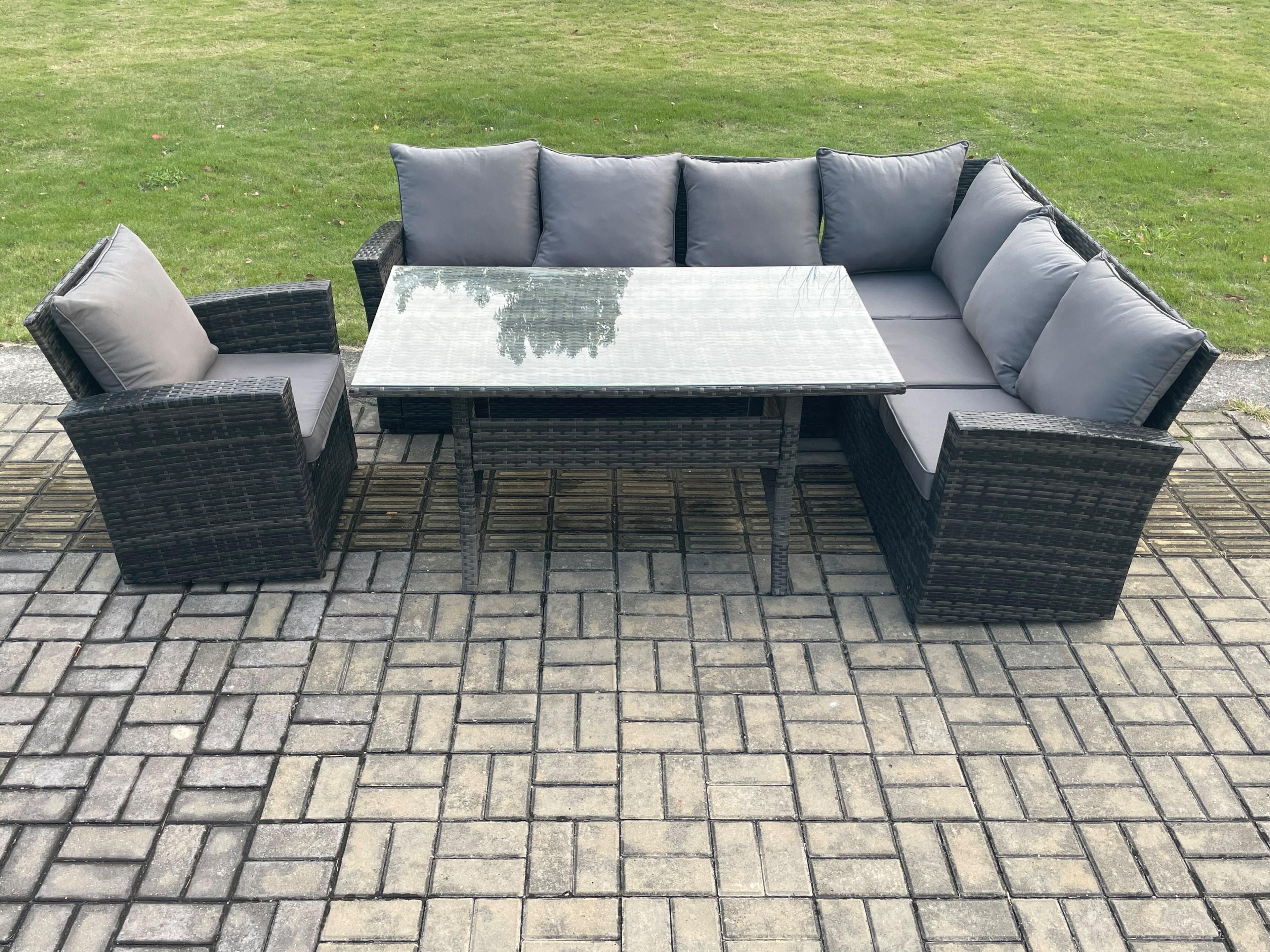 7 Seater Garden Rattan Furniture Corner Sofa Dining Table Chair Set Temper GlassIndoor Outdoor Lounge Sofa Set