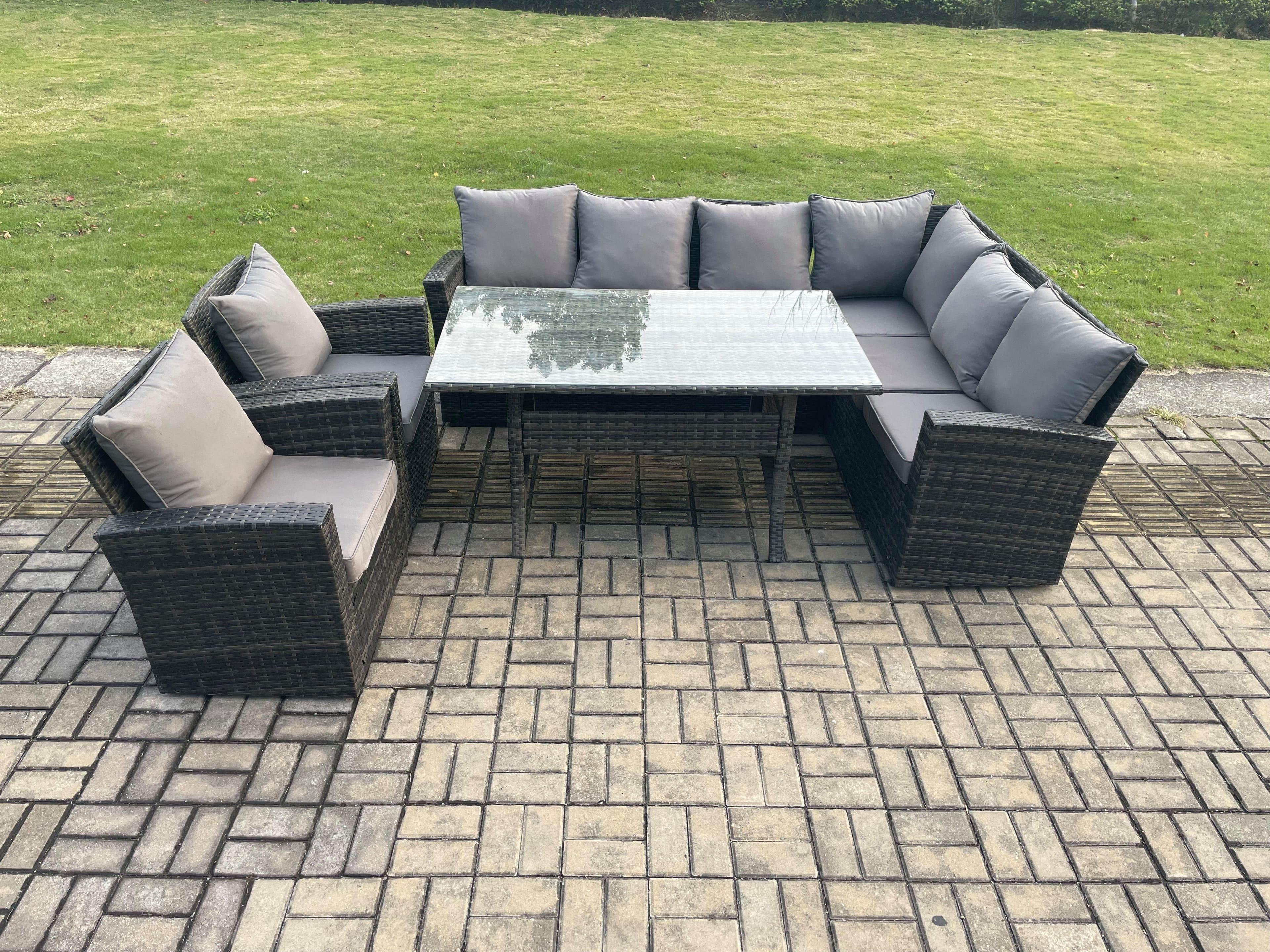 8 Seater Garden Rattan Furniture Corner Sofa Dining Table Chair Set Temper Glass Cushions Indoor