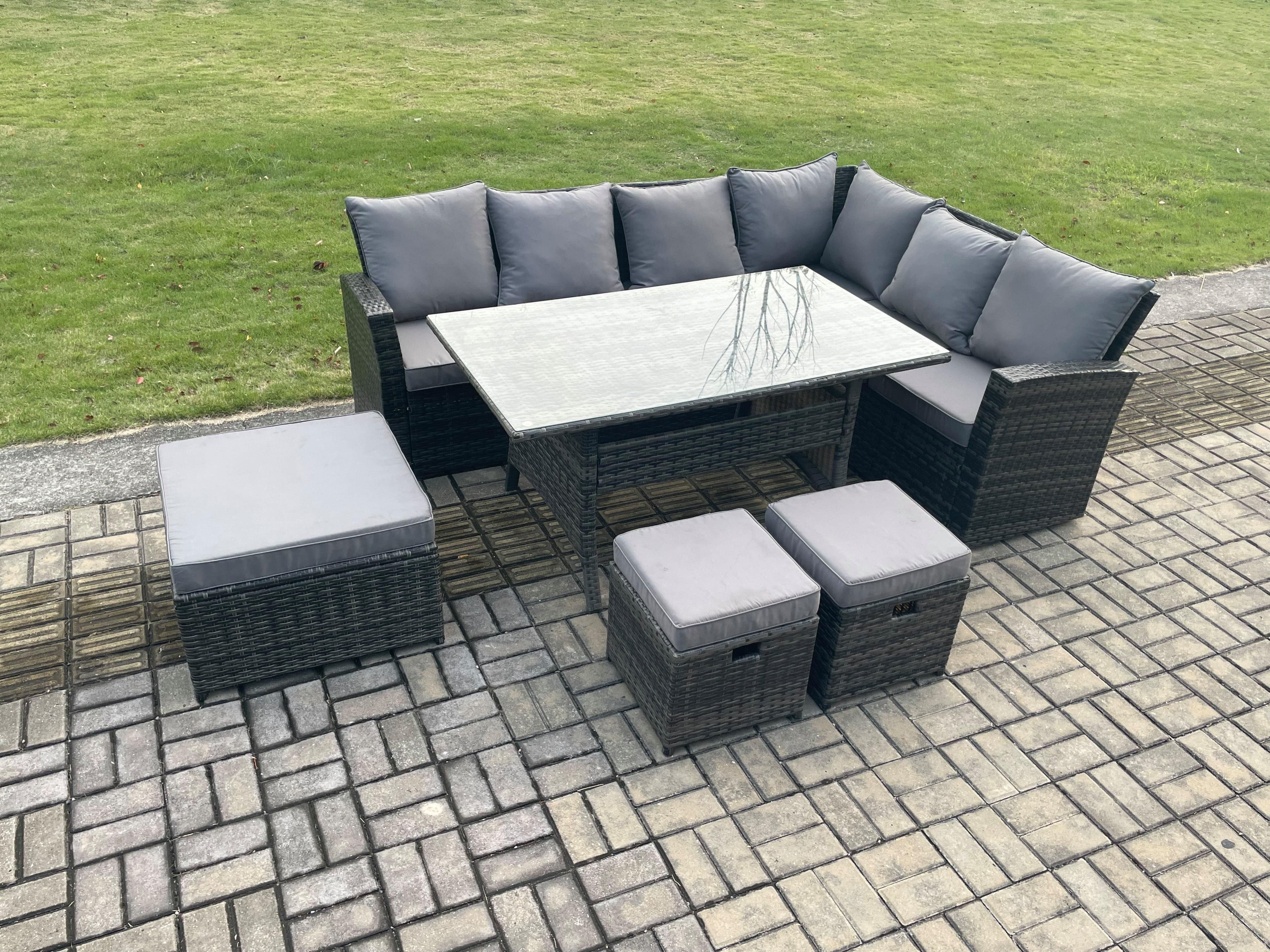 9 Seater Garden Rattan Furniture Corner Sofa Dining Table Chair Set 2 Small Footstools Indoor Outdoor Lounge Sofa Set
