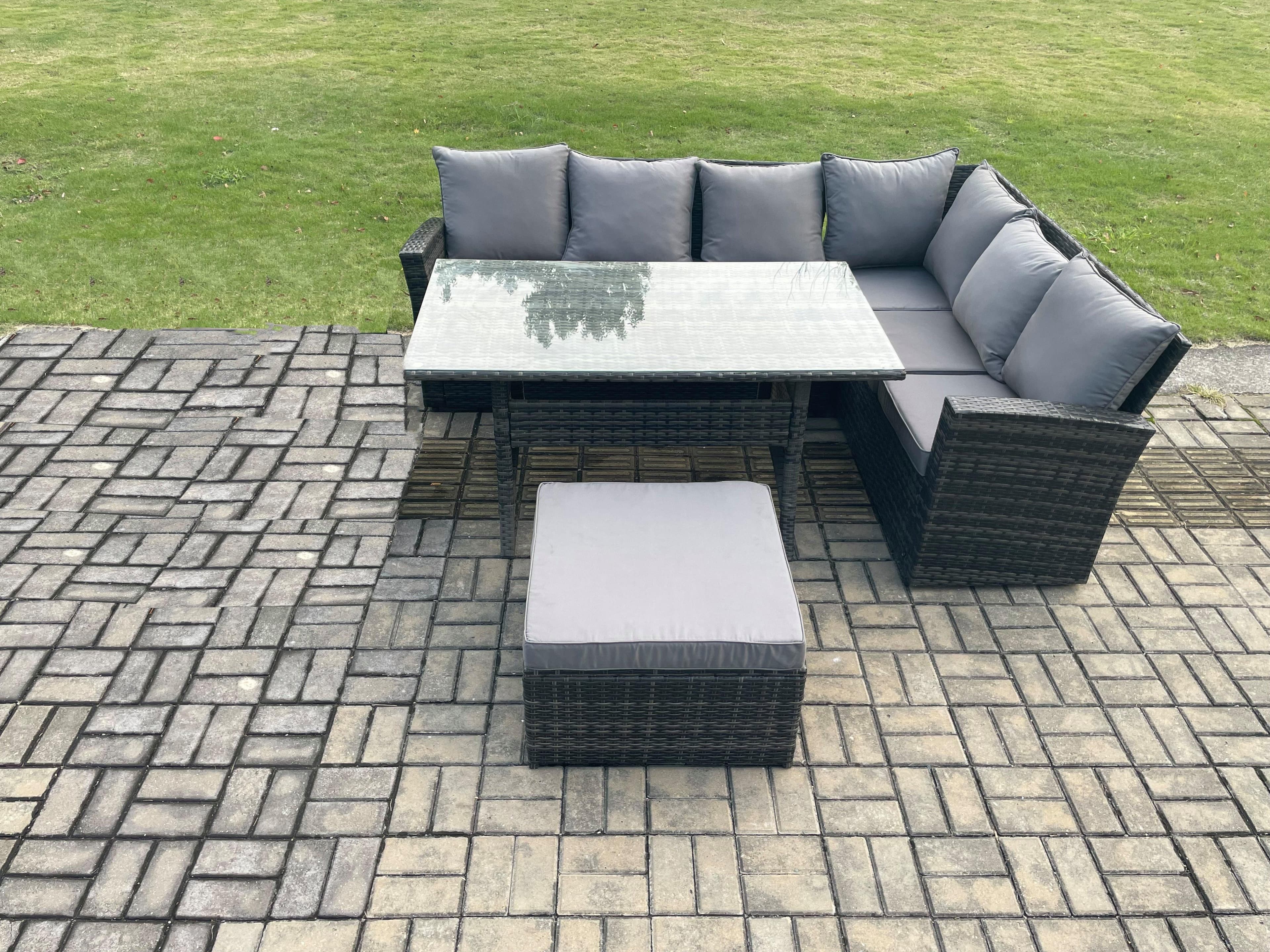 7 Seater Garden Rattan Furniture Corner Sofa Dining Table Set Big Footstool Indoor Outdoor Lounge Sofa Set
