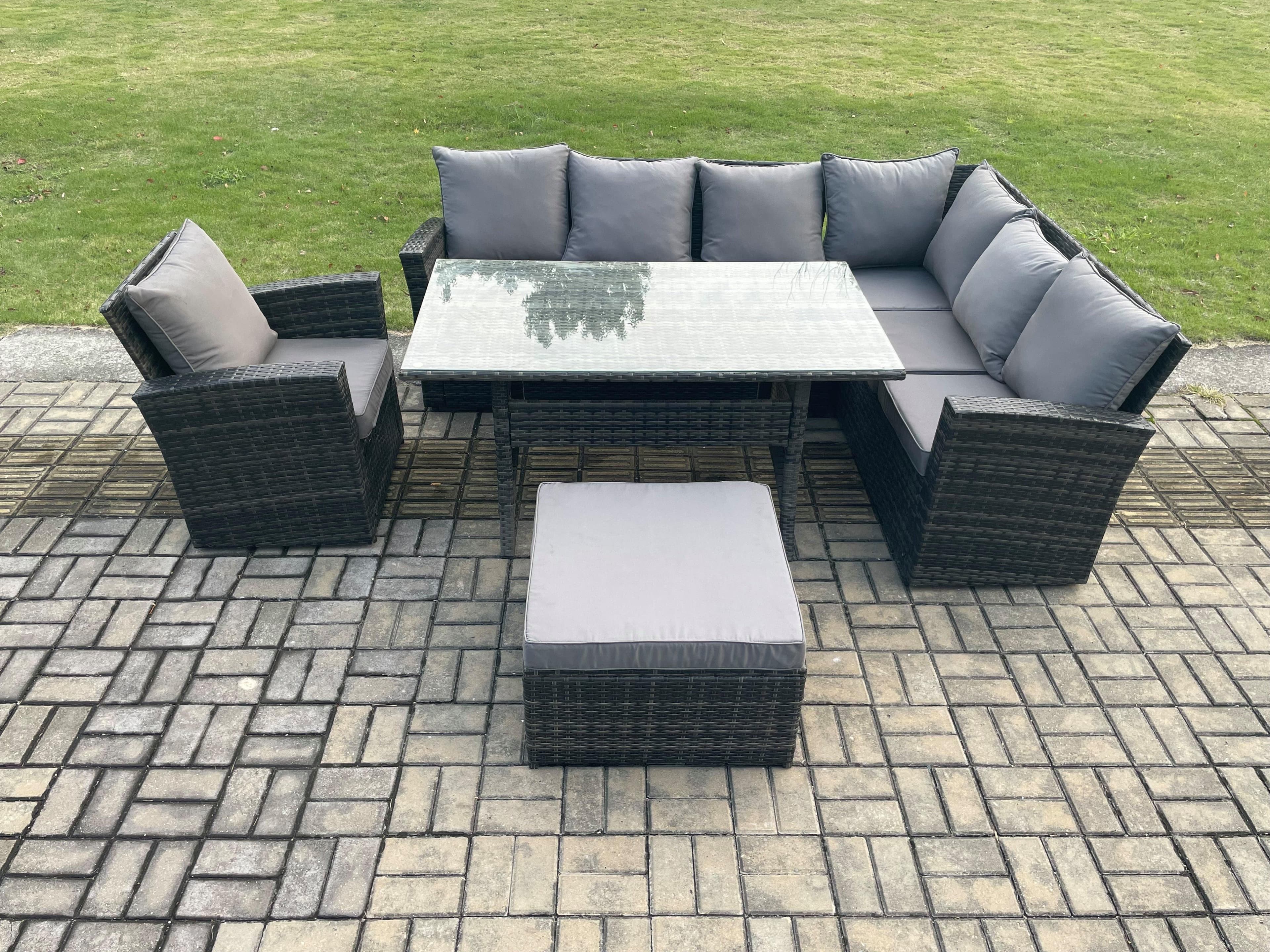 8 Seater Garden Rattan Furniture Corner Sofa Dining Table Chair Set Big Footstool Indoor Outdoor Lounge Sofa Set