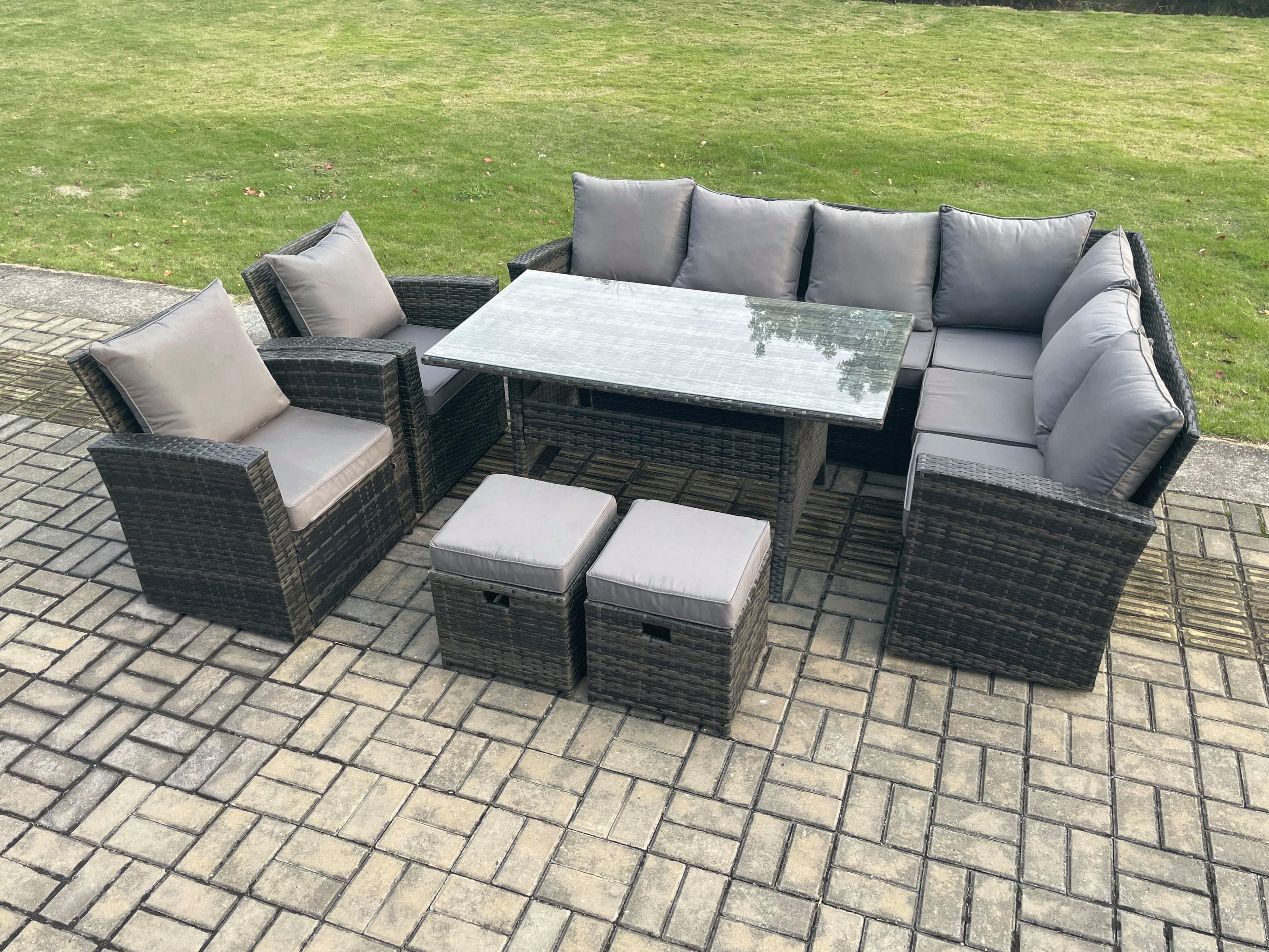 10 Seater Garden Rattan Furniture Corner Sofa Dining Table Chairs 2 Small Footstools Indoor Outdoor Lounge Sofa Set