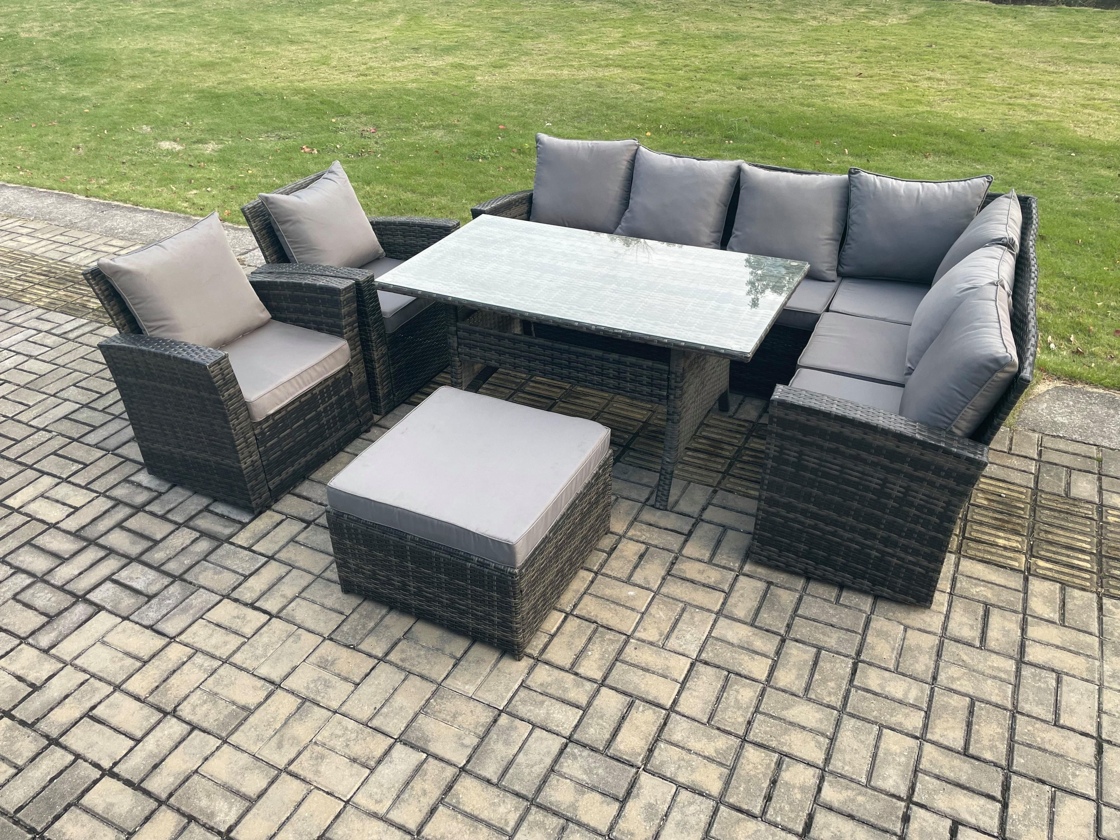 9 Seater Garden Rattan Furniture Corner Sofa Dining Table Chairs Set Big Footstool 2 Armchairs Indoor Outdoor Lounge Sofa Set