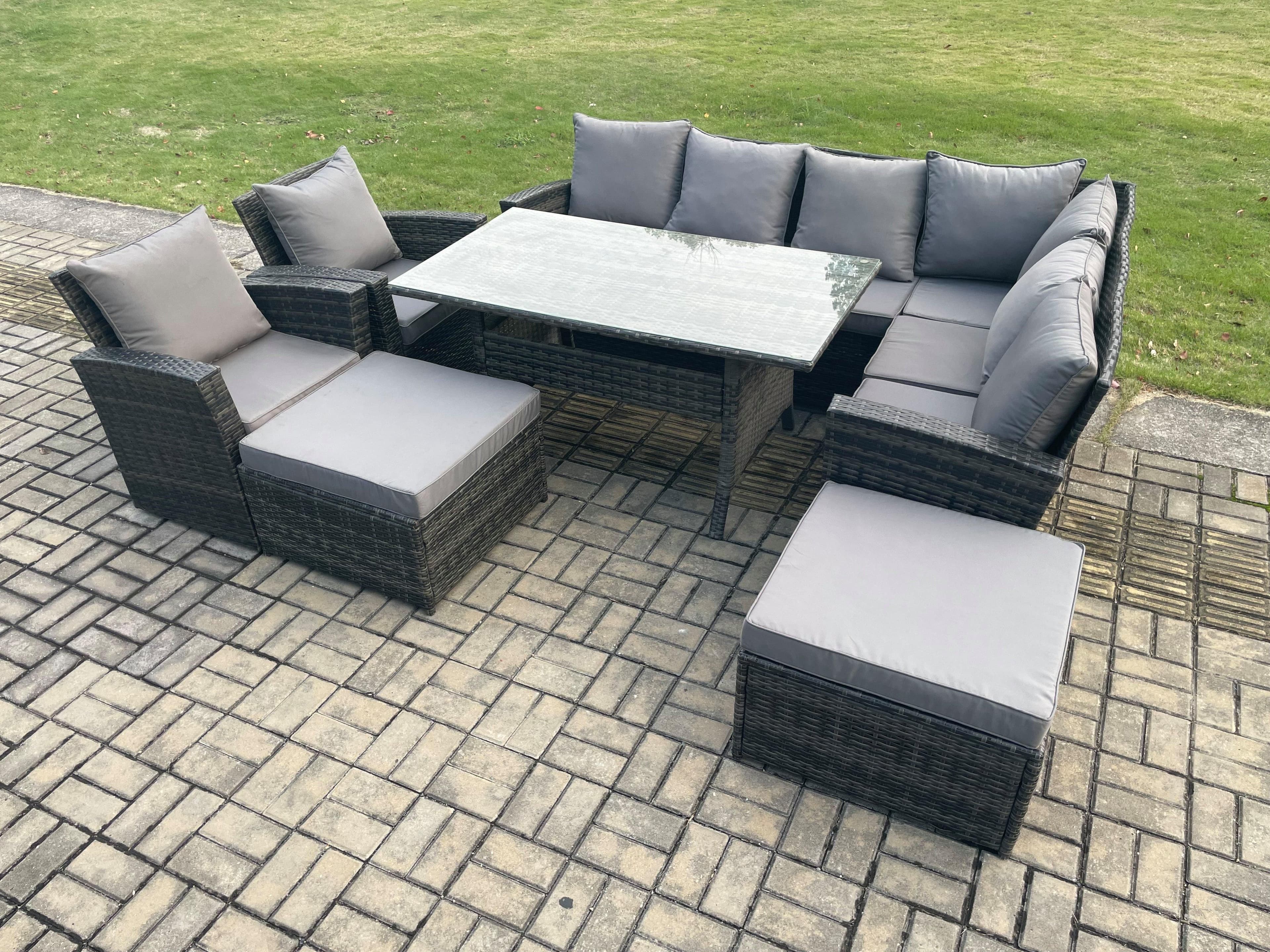 10 Seater Garden Rattan Furniture Corner Sofa Dining Table Chair Set 2 Big Footstool 2 Armchairs Indoor Outdoor Lounge Sofa Set